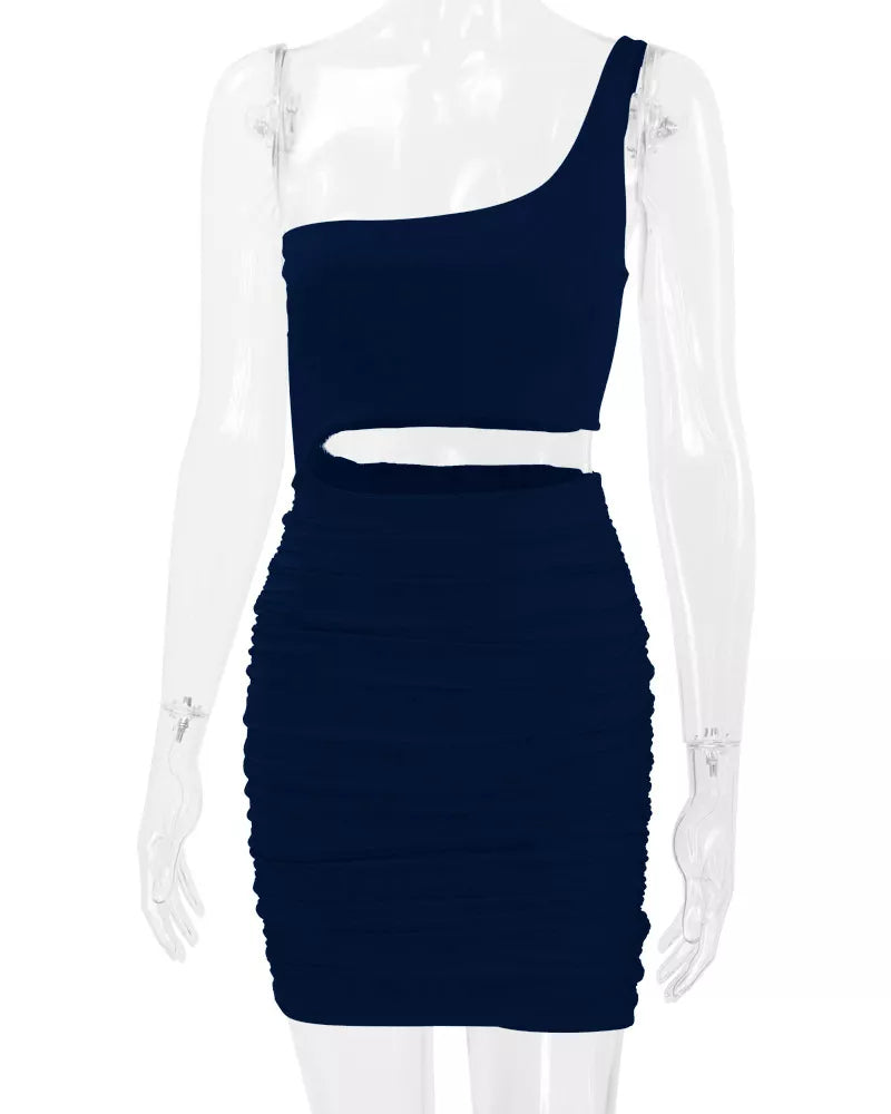 One-shoulder cutout dress, navy mannequin front