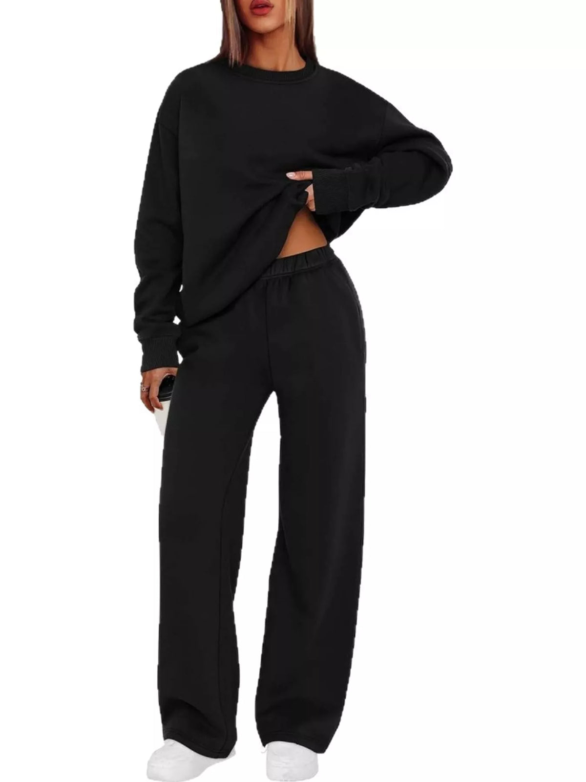 Crewneck Drop Shoulder Sweatshirt and Wide-Leg Pants Set — front view