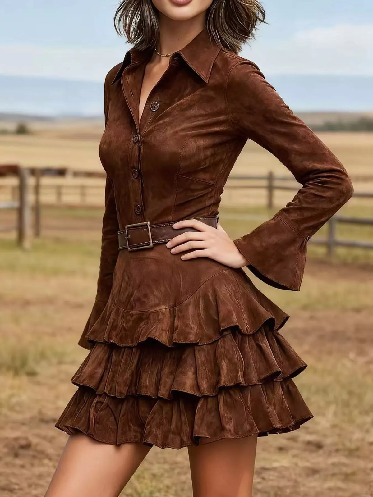 Ruffle Layered Button Front Mini Dress in brown