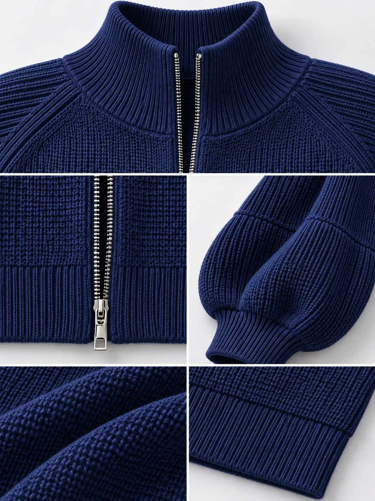 Dark Blue ribbed knit zip-up lantern sleeve cardigan, detail view
