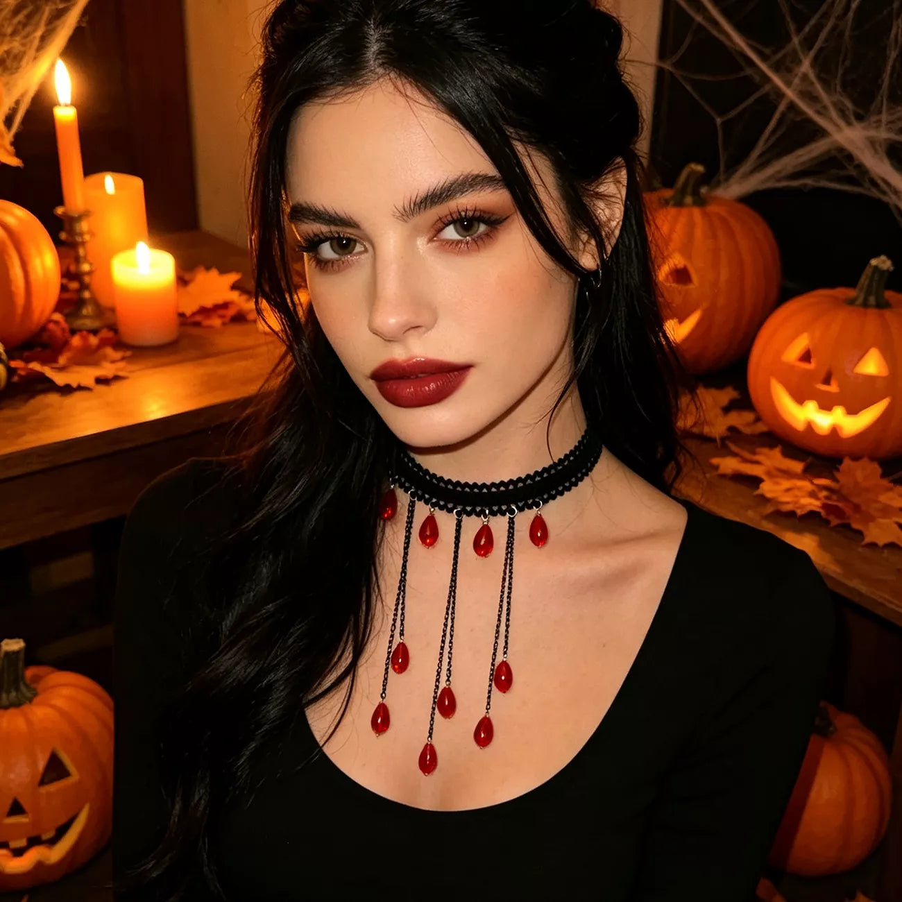 Trendsi Gothic Lace Choker Necklace with Teardrop Dangle Charms -