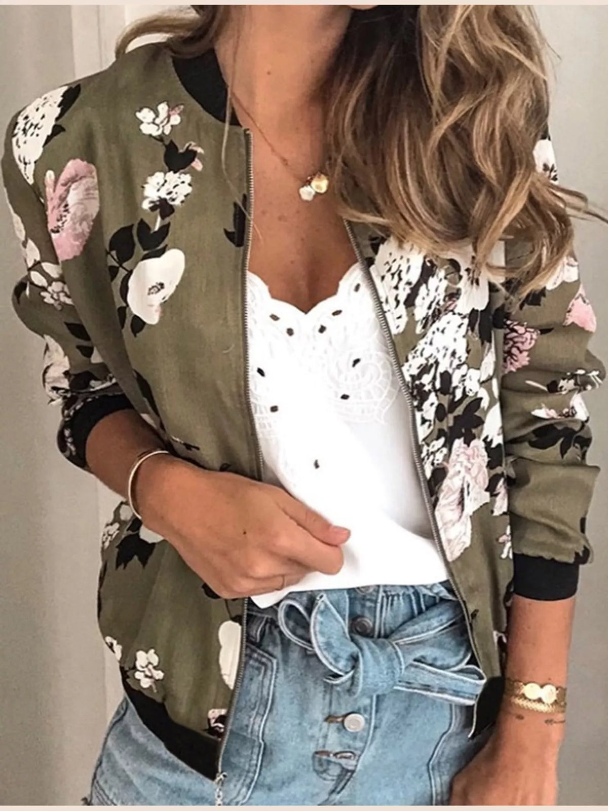 Olive floral printed zip-up bomber jacket — front view