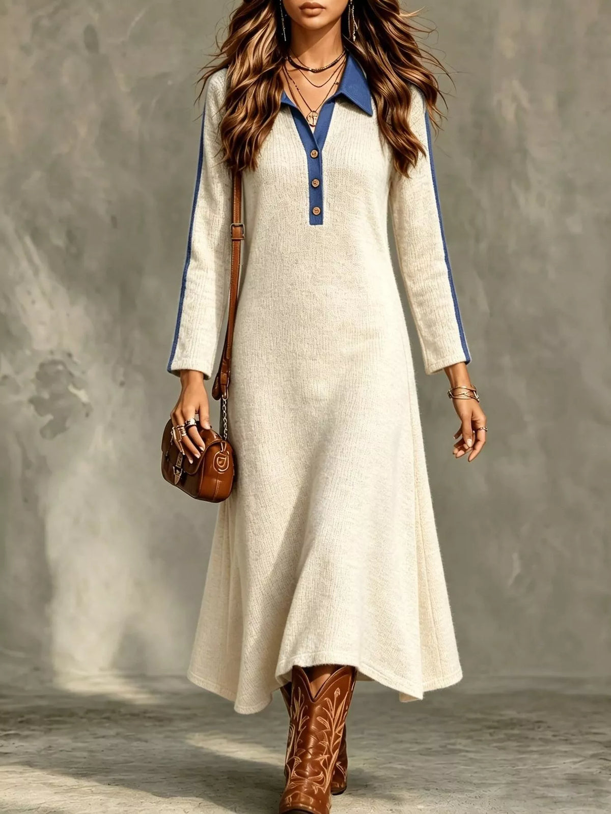 Colorblock Polo Collar Long Sleeve Sweater Dress — front view