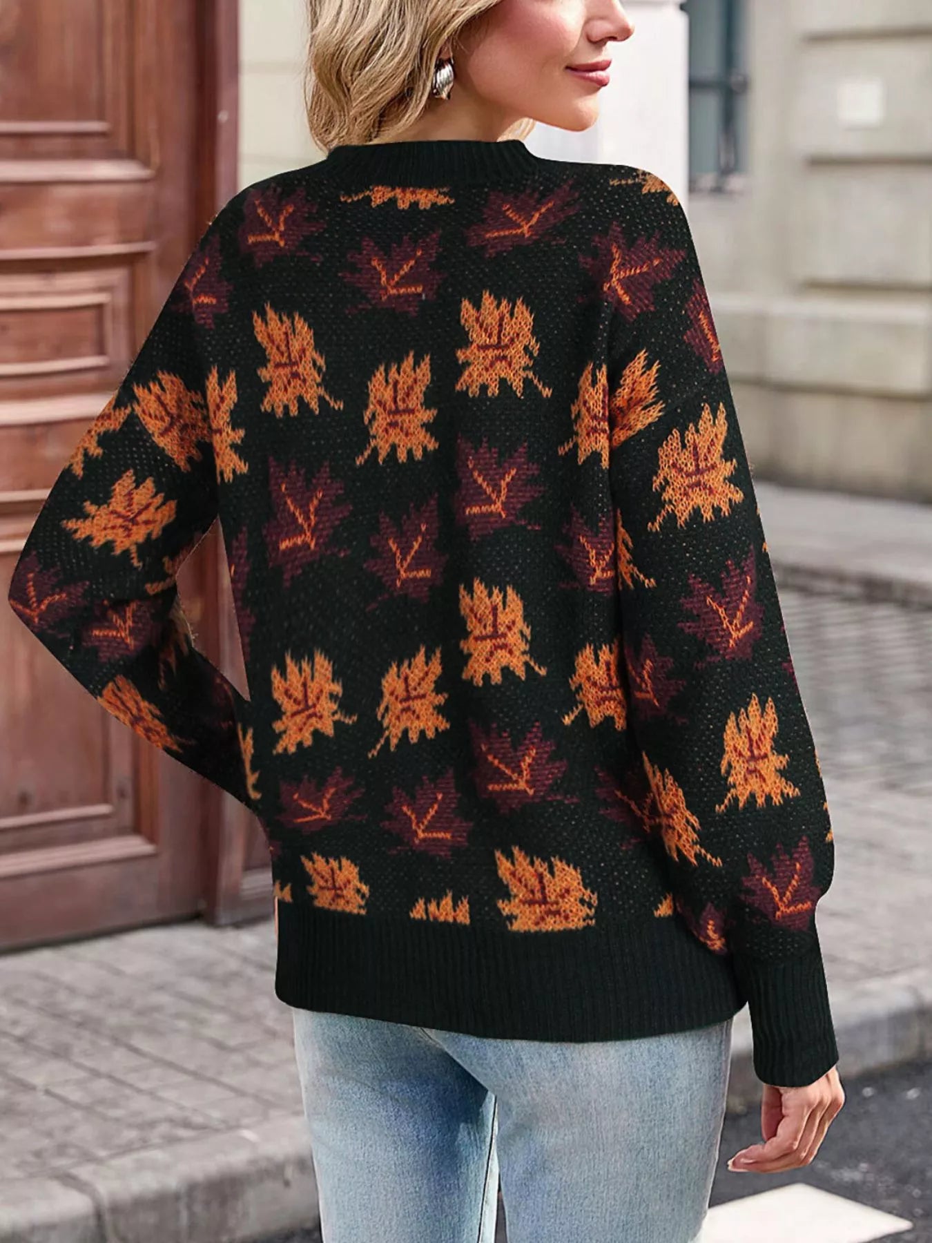 Trendsi Autumn Leaf Pattern Mock Neck Sweater -