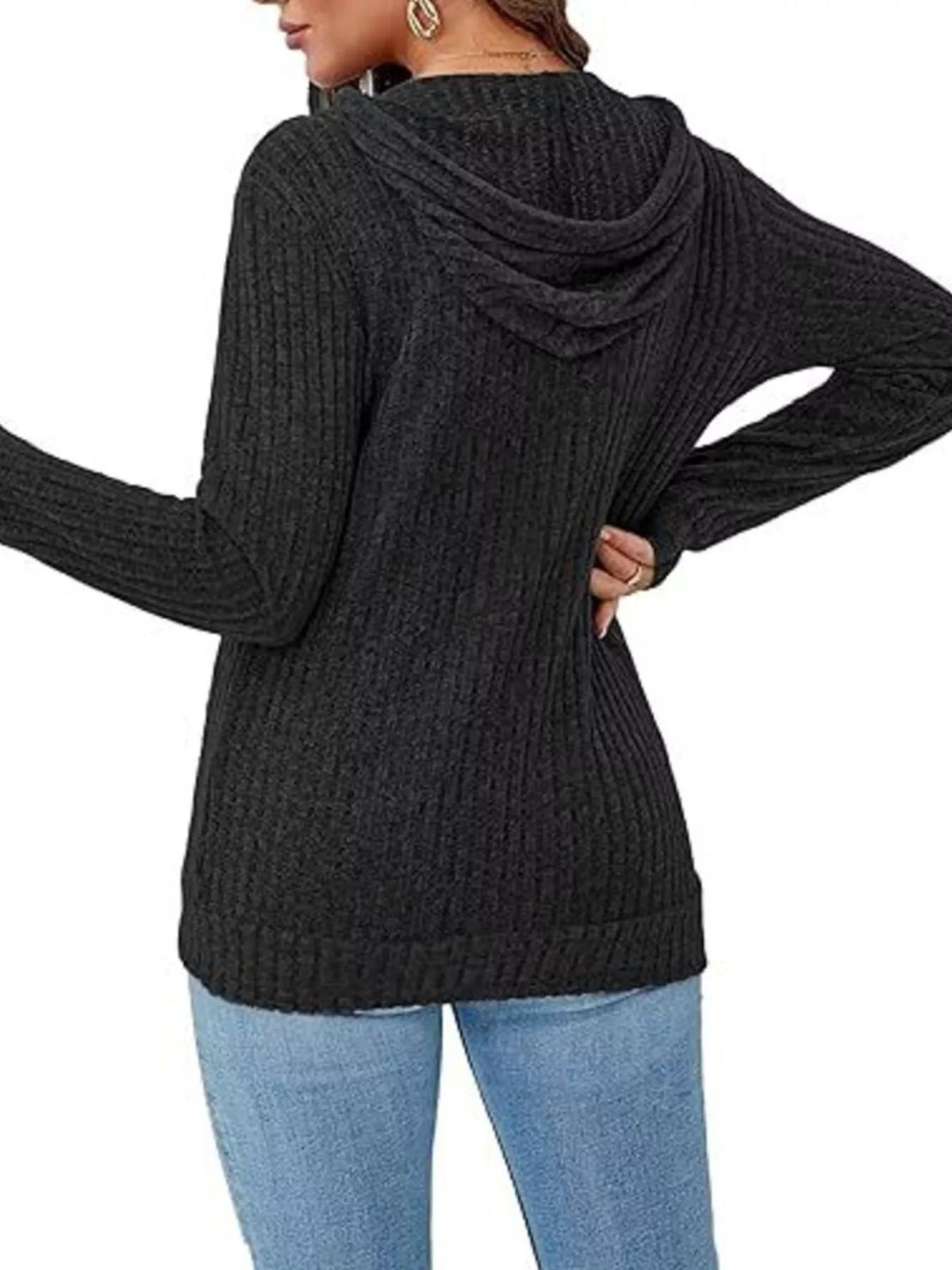 Charcoal ribbed knit zip-up hooded cardigan, back view