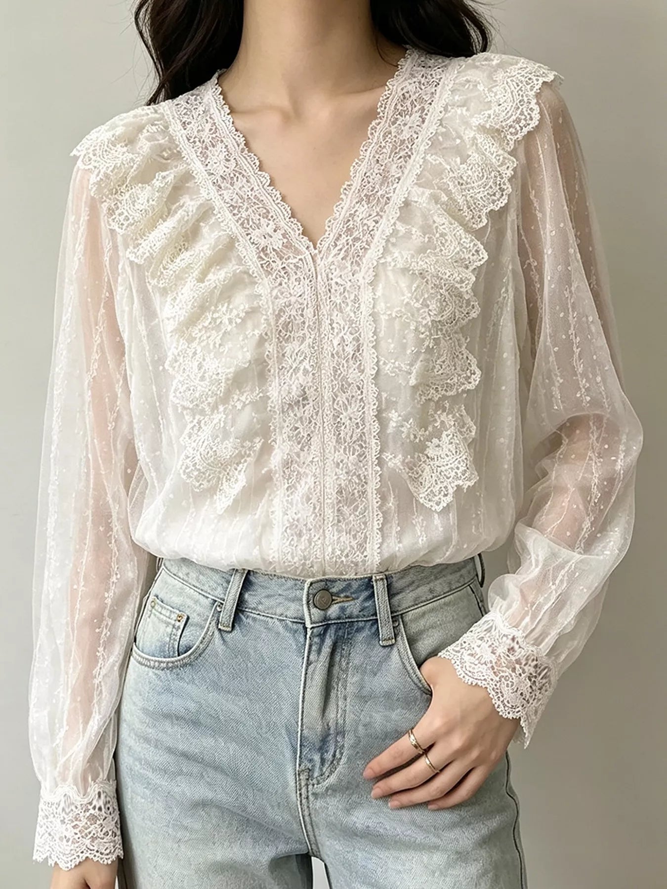 Trendsi V-Neck Lace Ruffle Sheer Blouse -