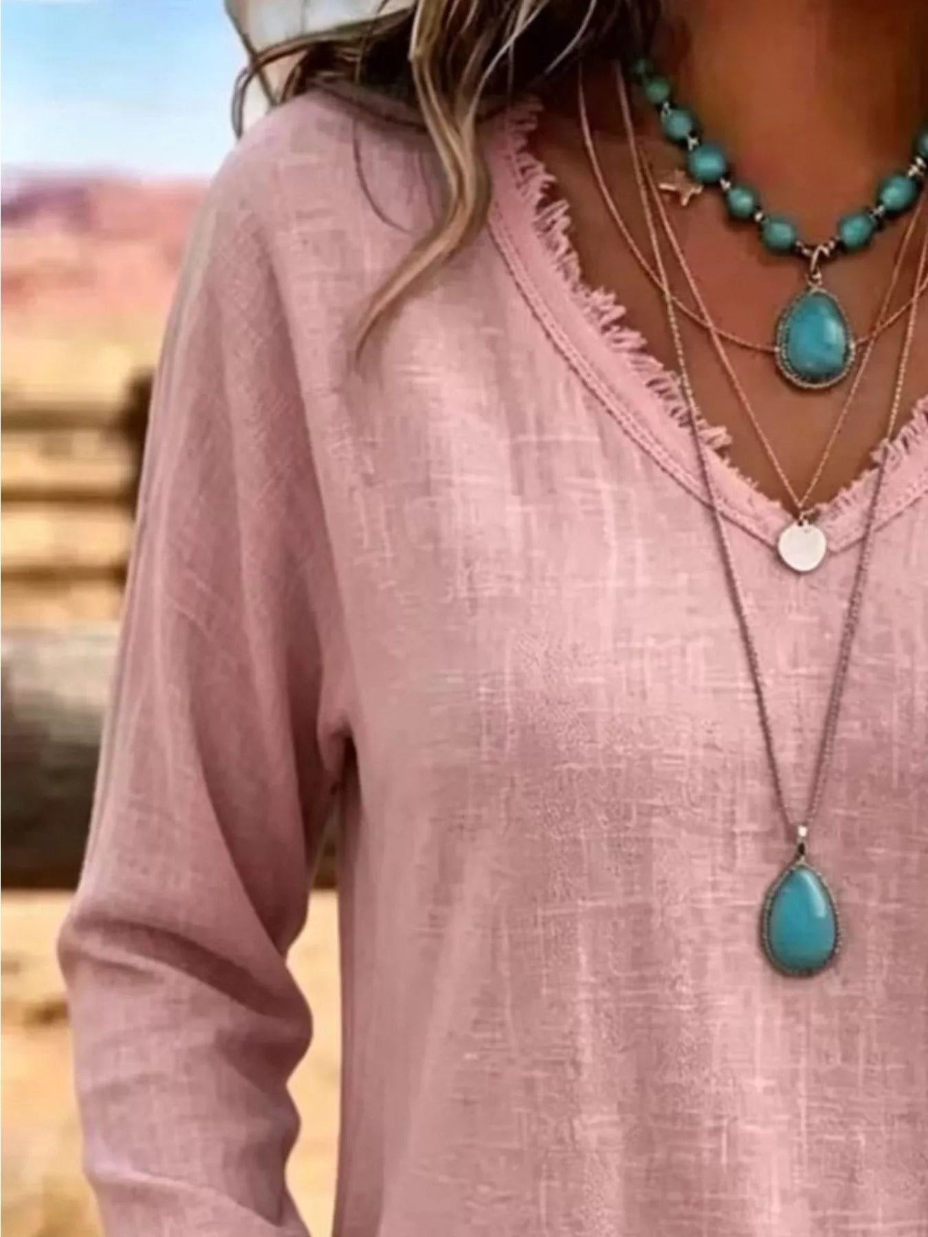 Trendsi V-Neck Long Sleeve Blouse with Frayed Hem Detail -