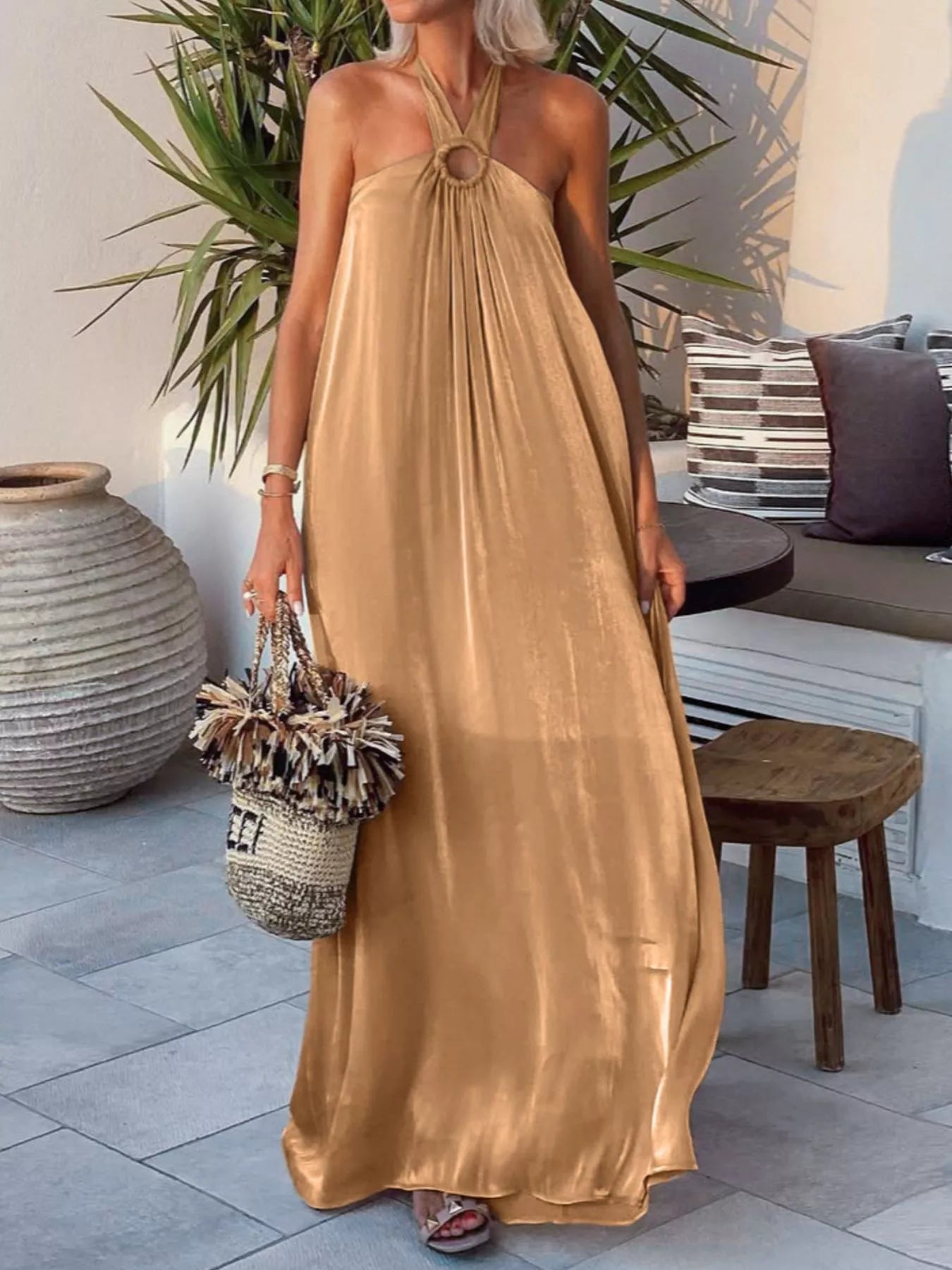 Trendsi Halter Neck Maxi Dress with O-Ring Detail -