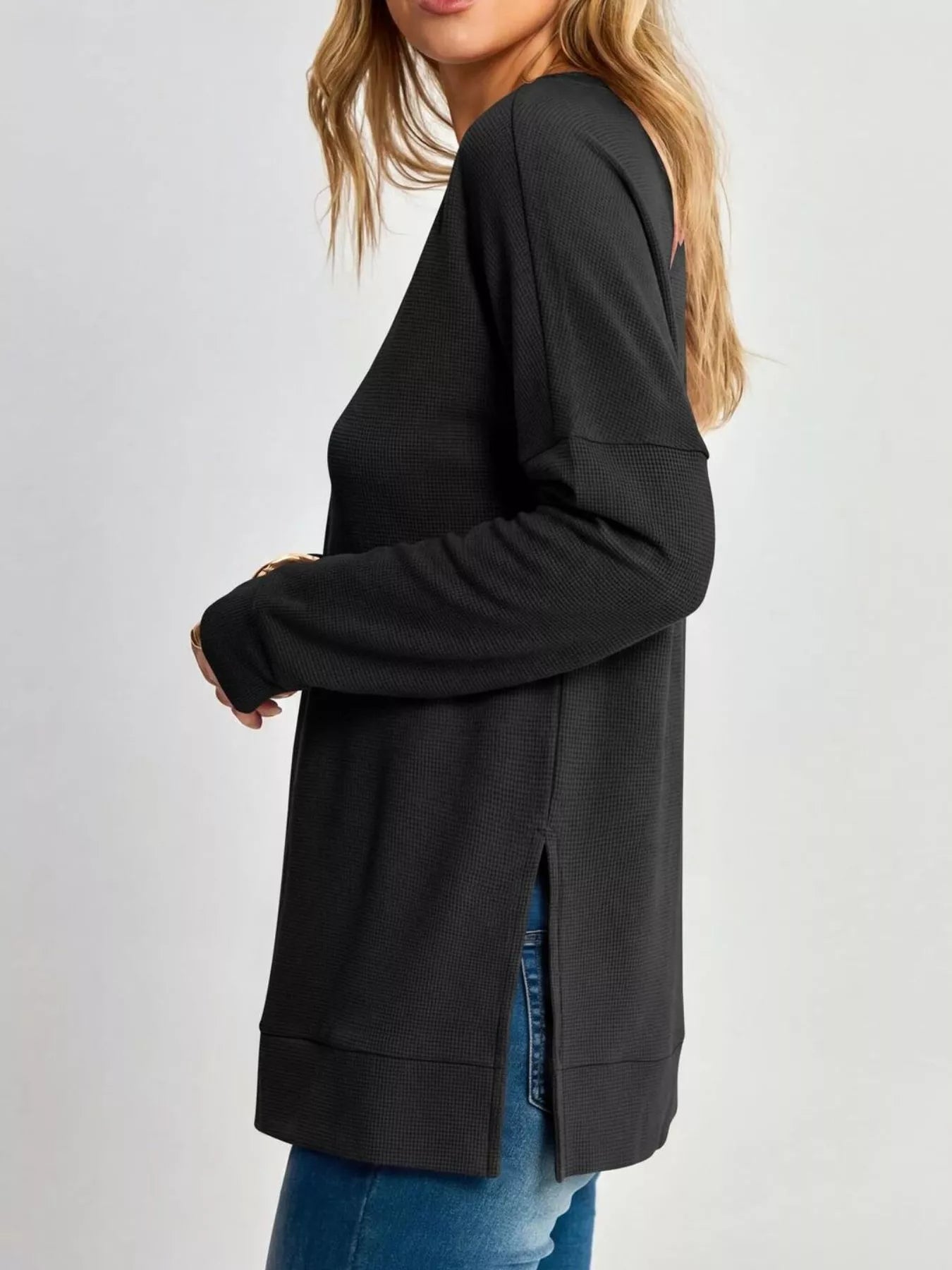 Trendsi Side Slit Waffle Knit V-Neck T-Shirt -