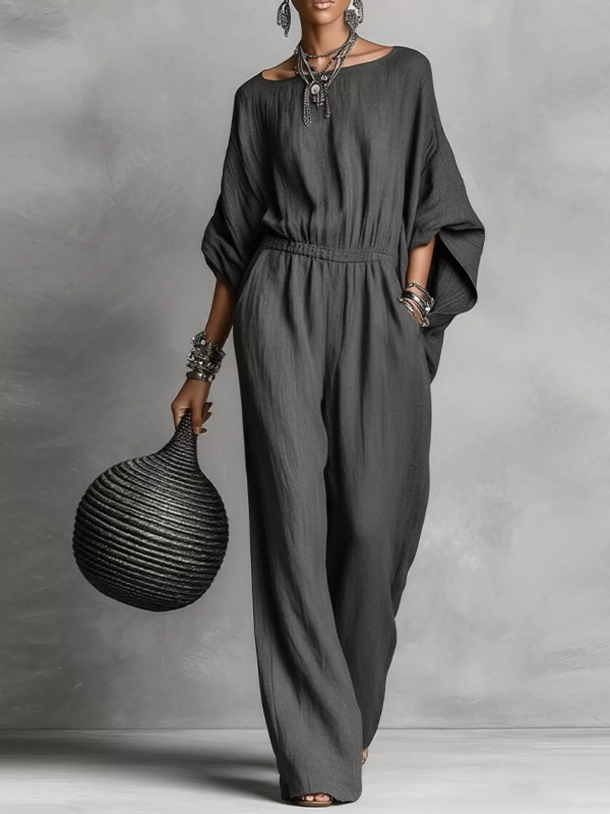 Boat-neck batwing-sleeve wide-leg jumpsuit