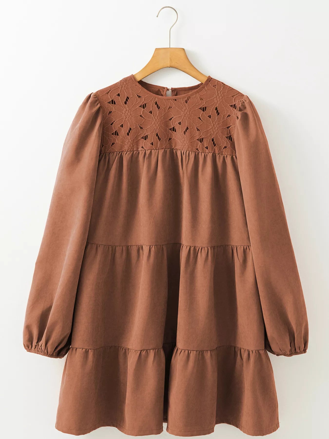 Trendsi Floral Lace Crochet Tiered Ruffled Mini Dress -