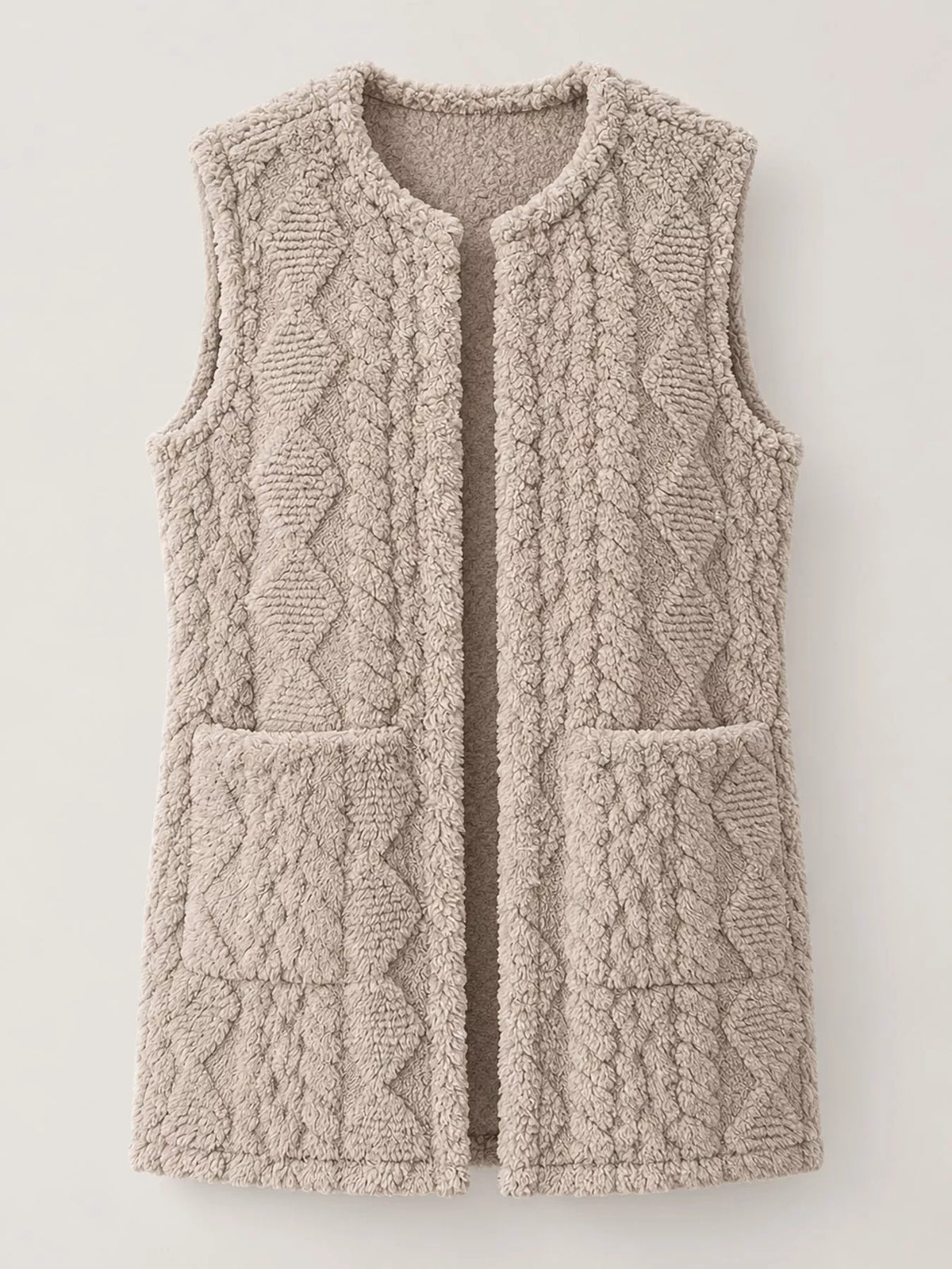 Taupe sherpa open front vest coat