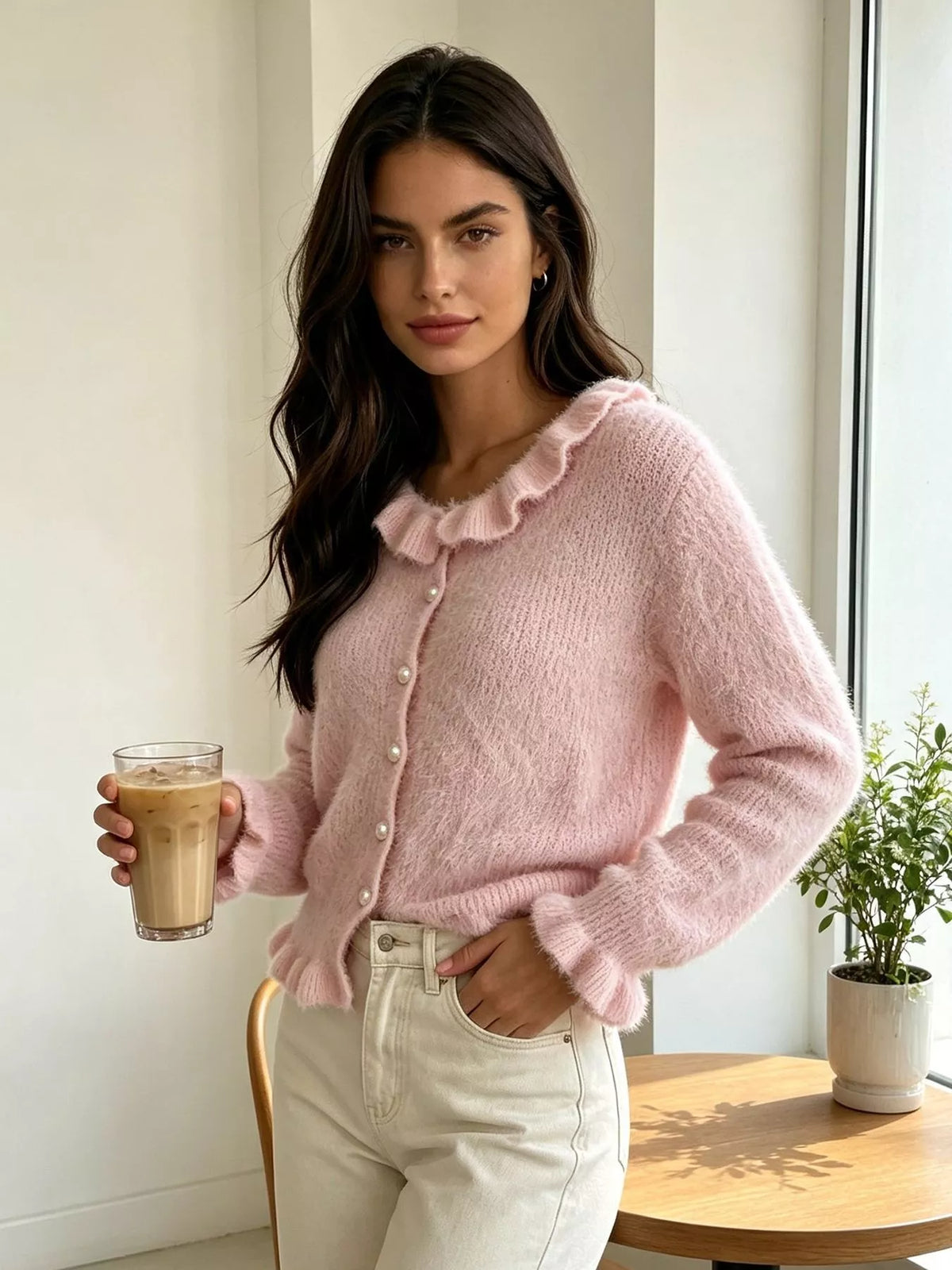 Pink fuzzy ruffle-trim button-front cardigan, angled front view.