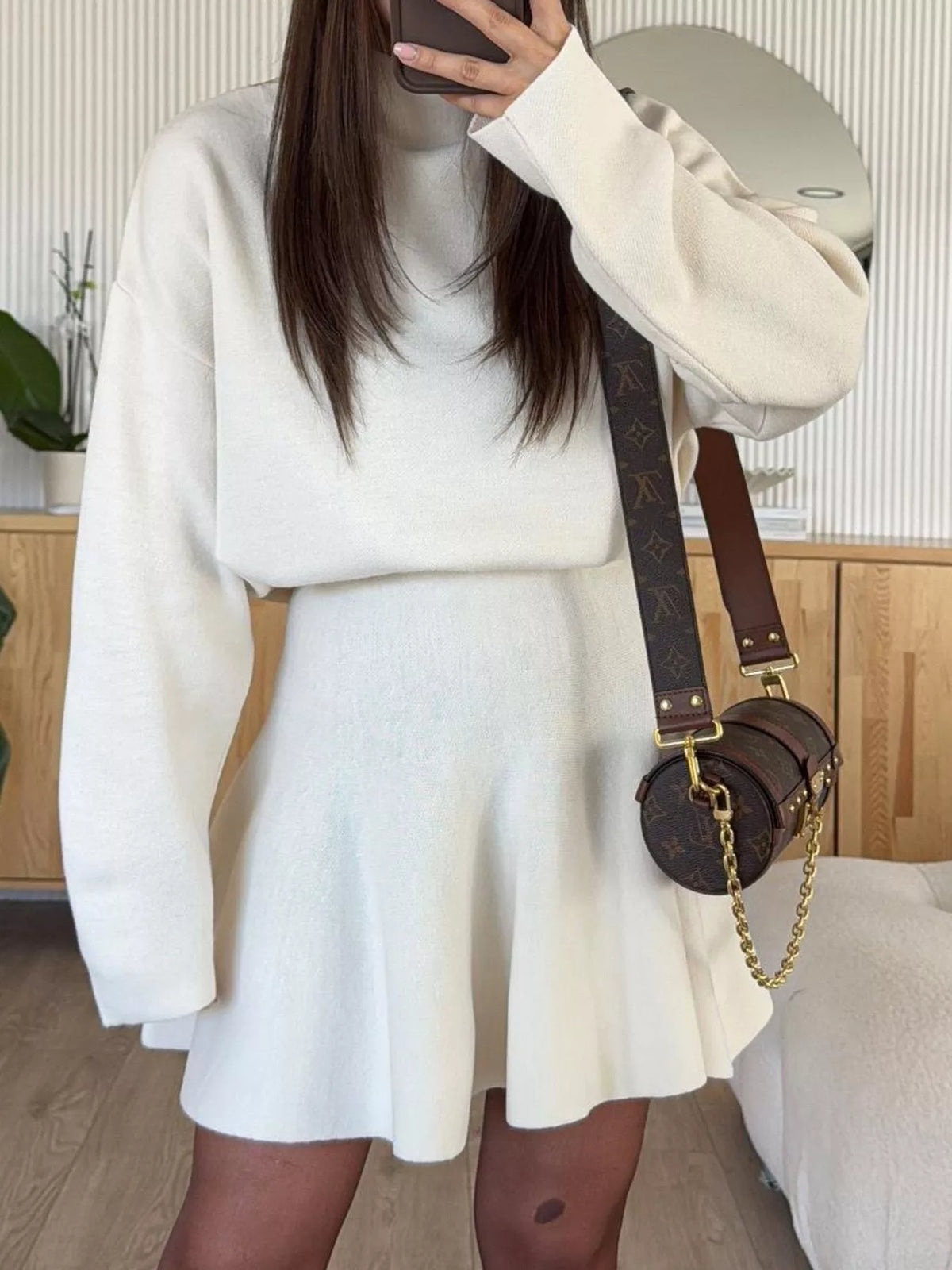 Cream mock neck knit top and flared skirt set