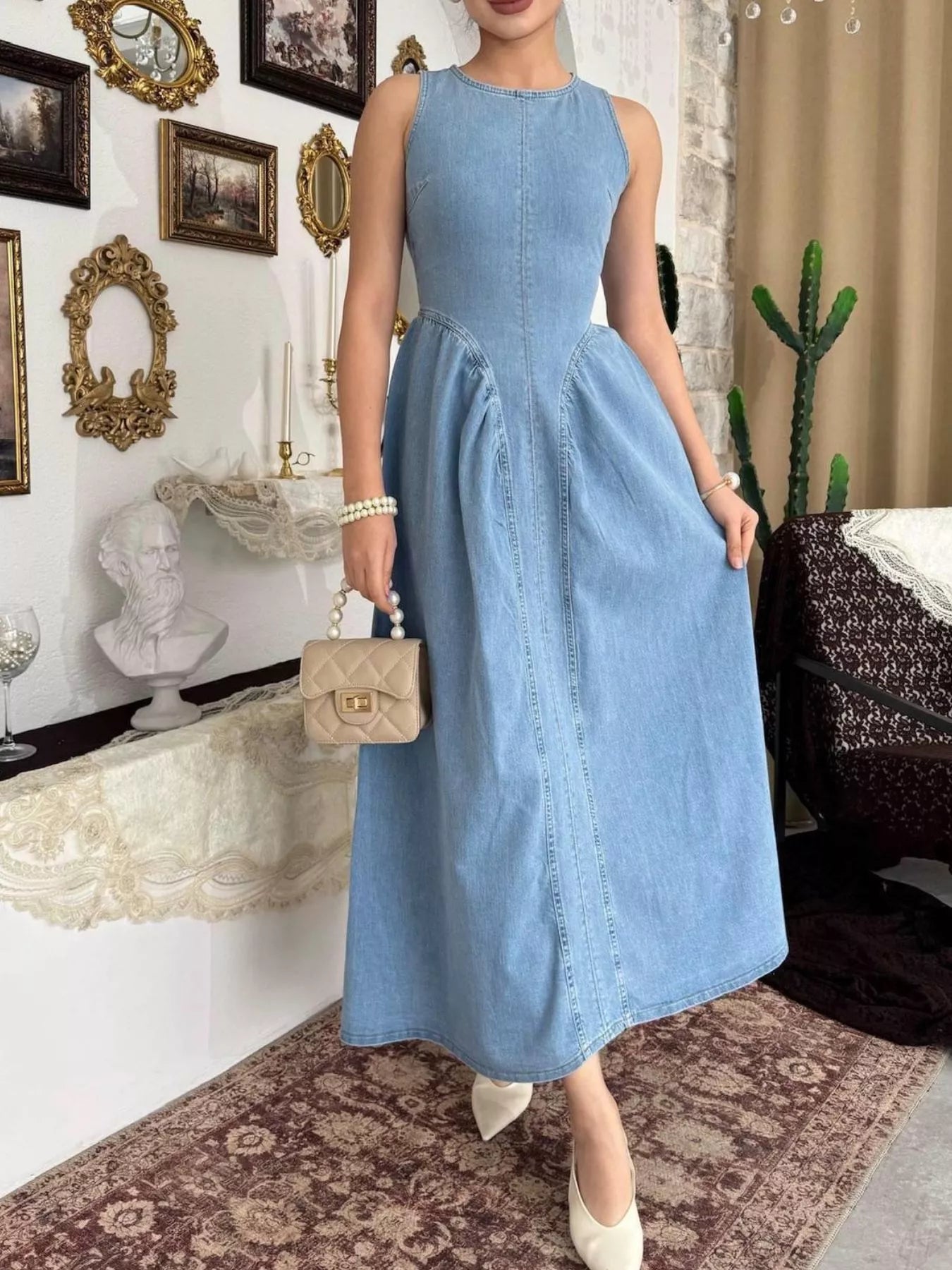 Trendsi Sleeveless A-Line Denim Midi Dress -