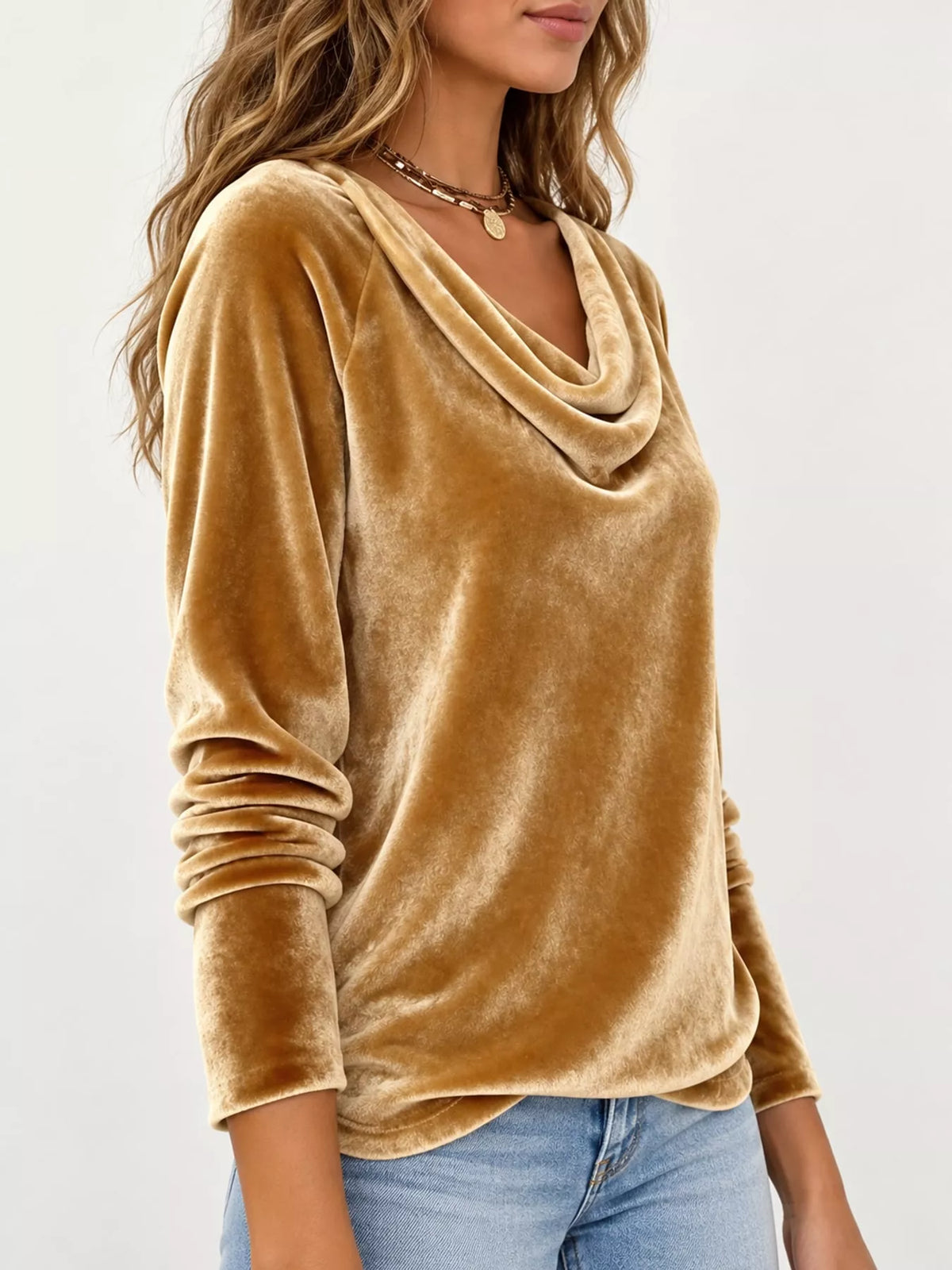 Gold velvet cowl neck long sleeve t shirt, side view