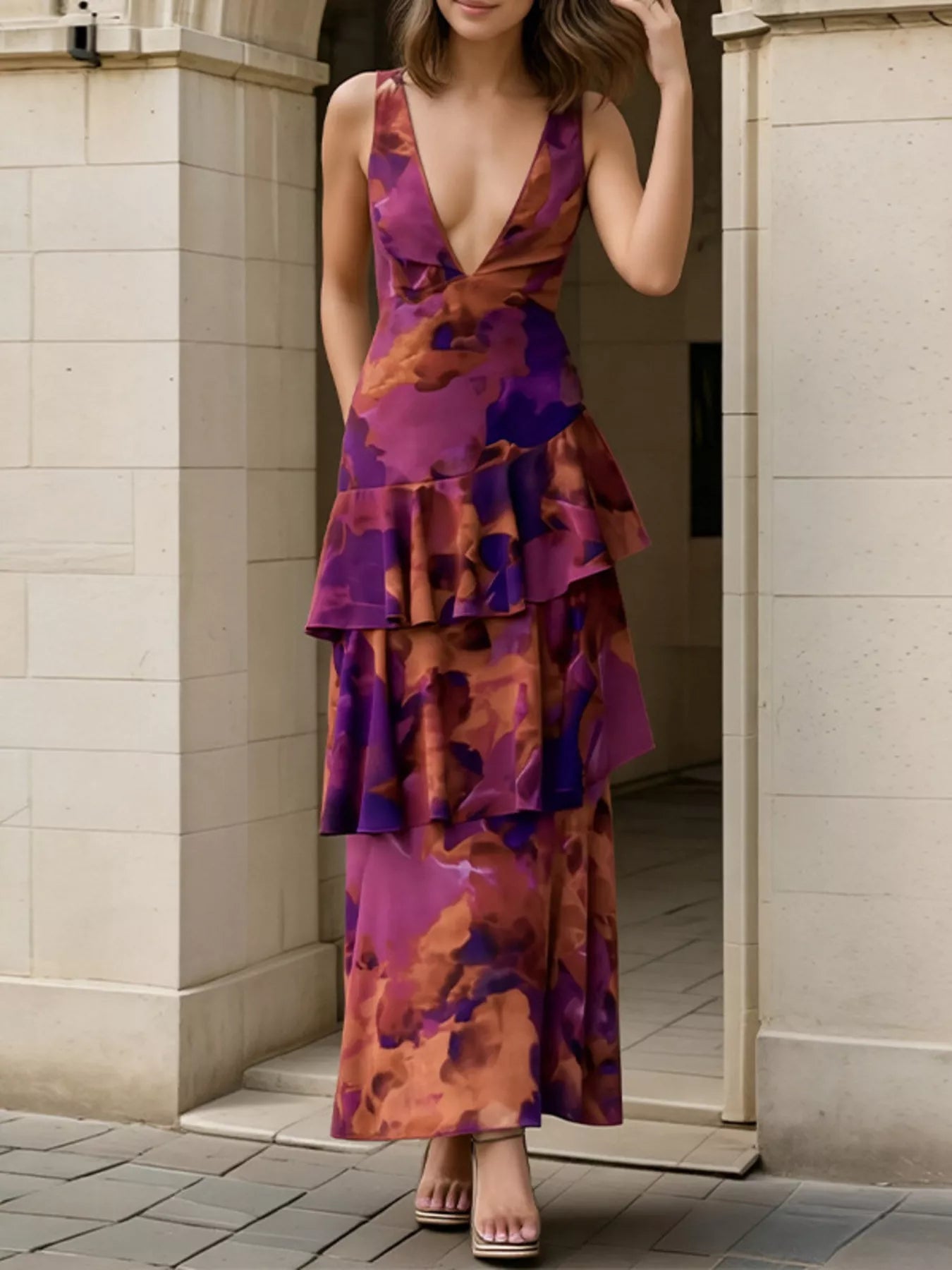 Trendsi Floral V-Neck Ruffle Layered Maxi Dress -