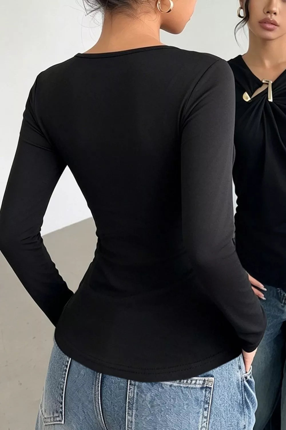 Asymmetric ruched long-sleeve top