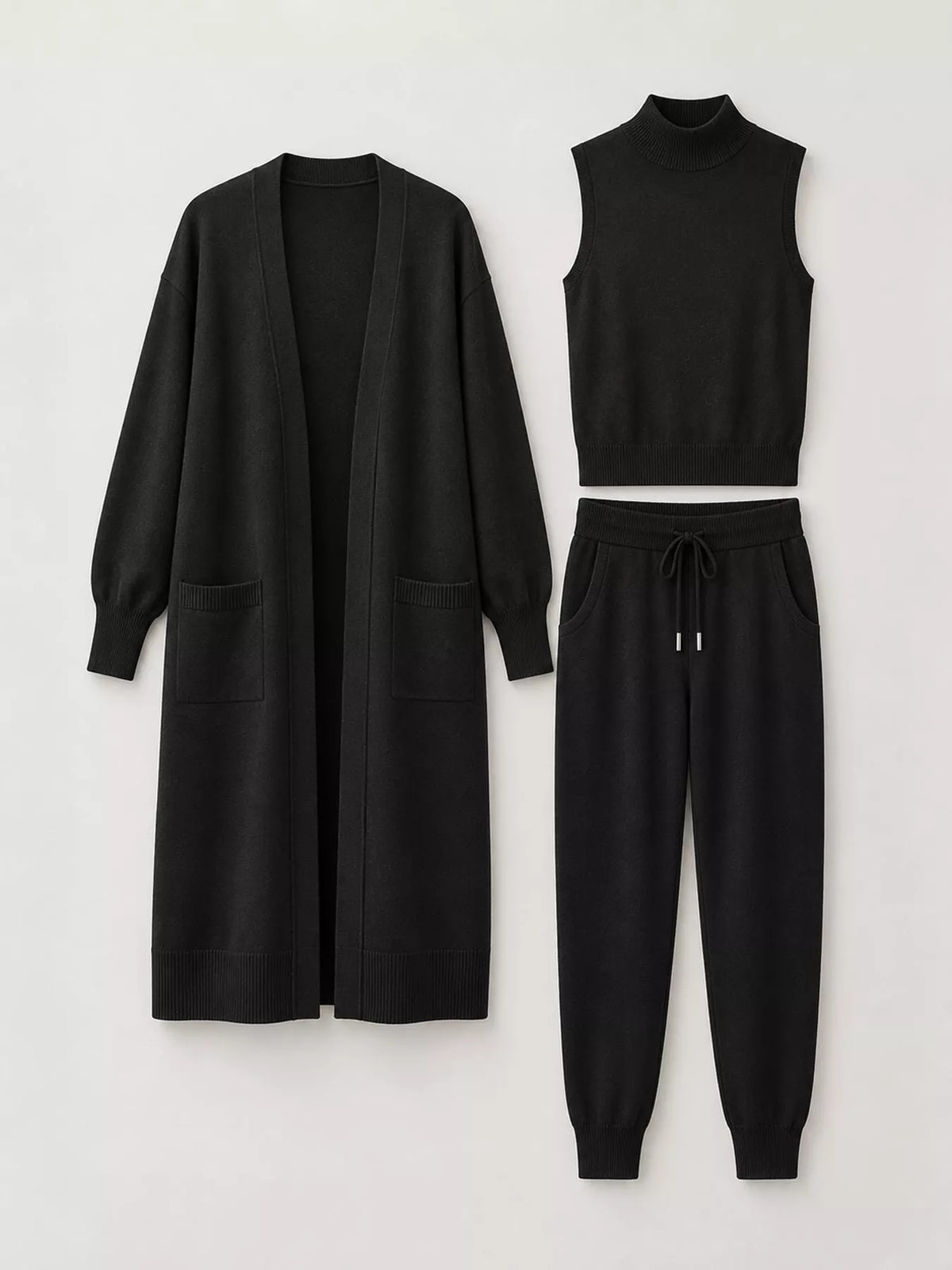 Sleeveless Top and Drawstring Joggers Sweater Set with Long Cardigan — garment front