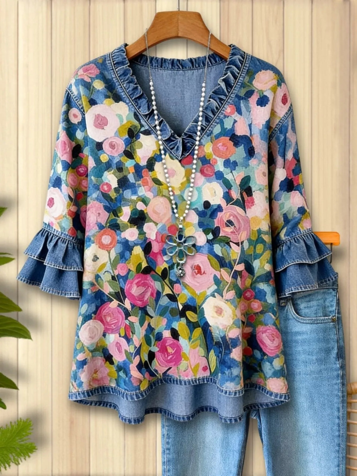 Women's Floral Print Ruffle Trim Denim Top in Floral, front view