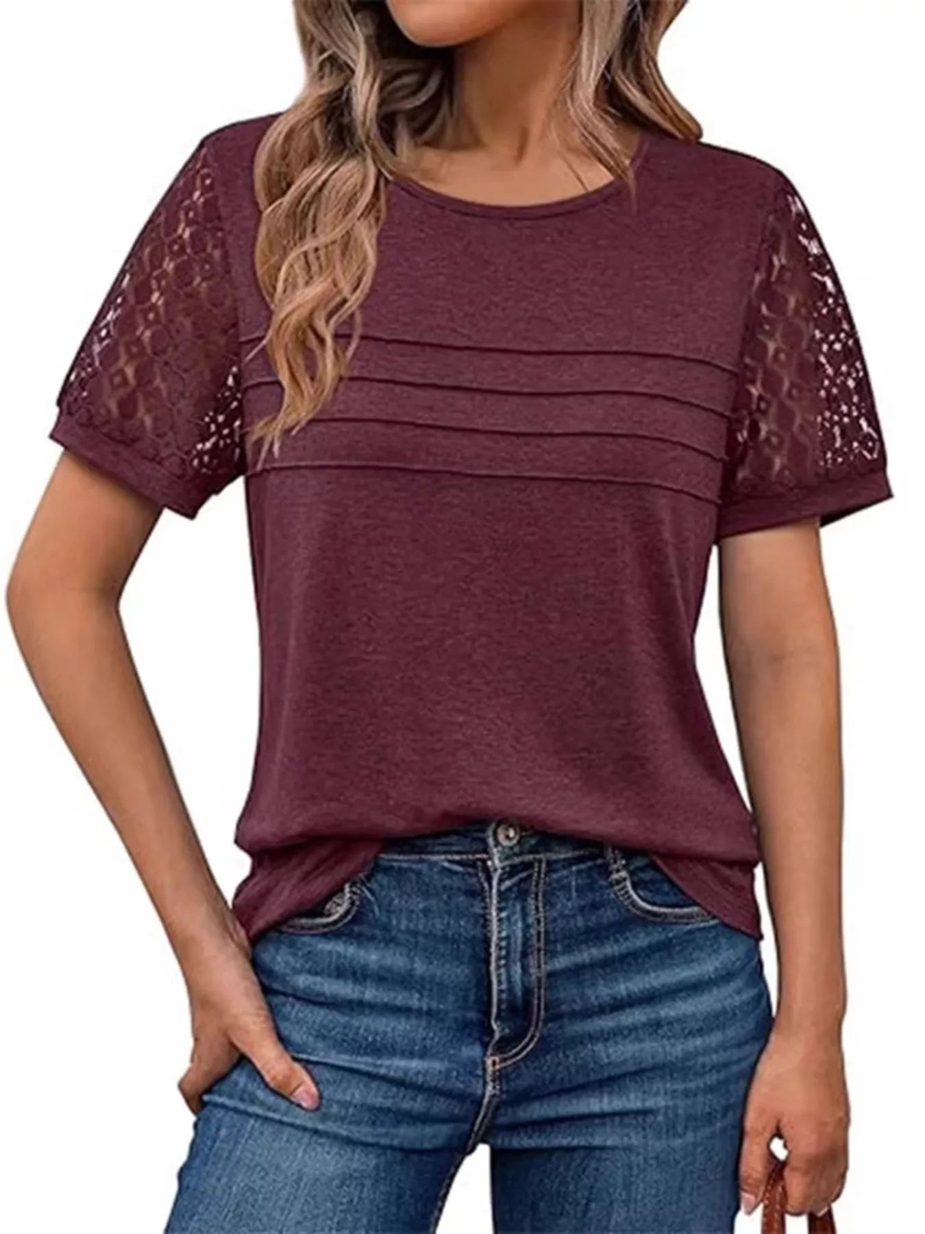Trendsi Lace Short Sleeve Round Neck T-Shirt -