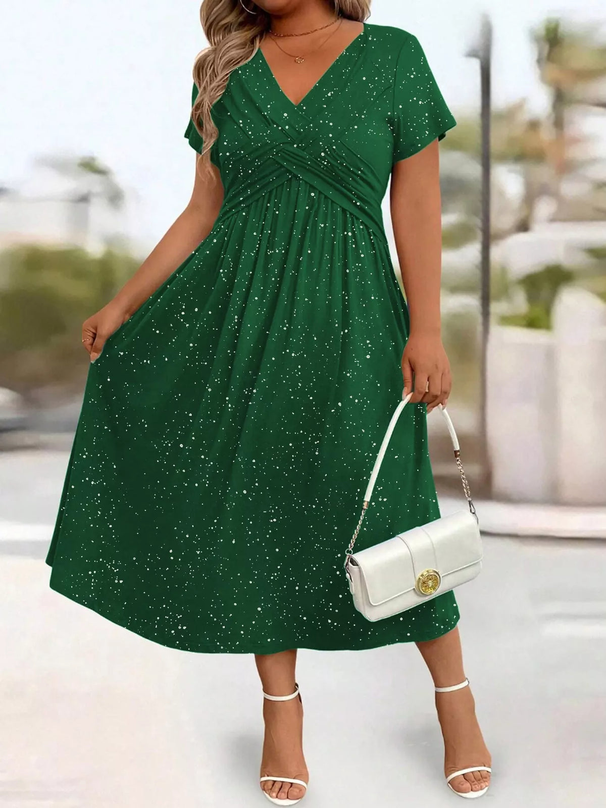 Green speckled short sleeve midi dress with pockets, flared skirt