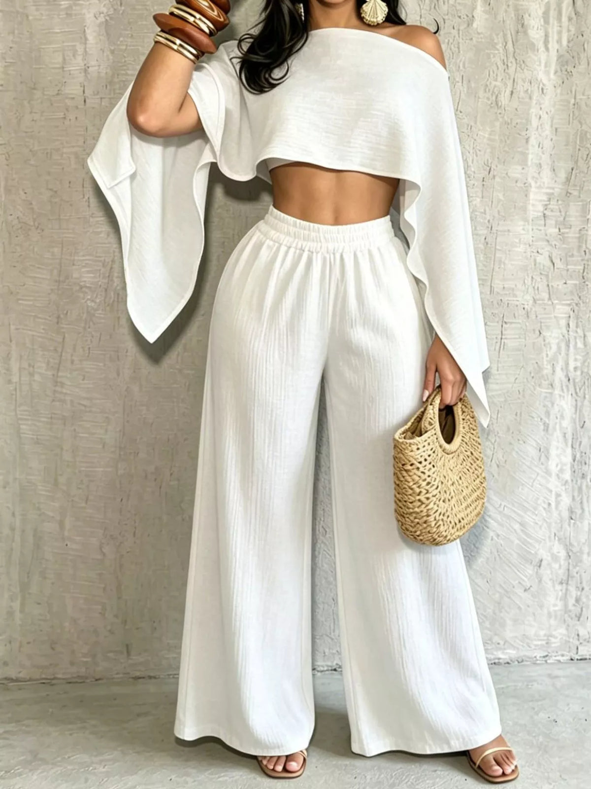 Women's Boat Neck Crop Top and Wide-Leg Pants Set in white — front view