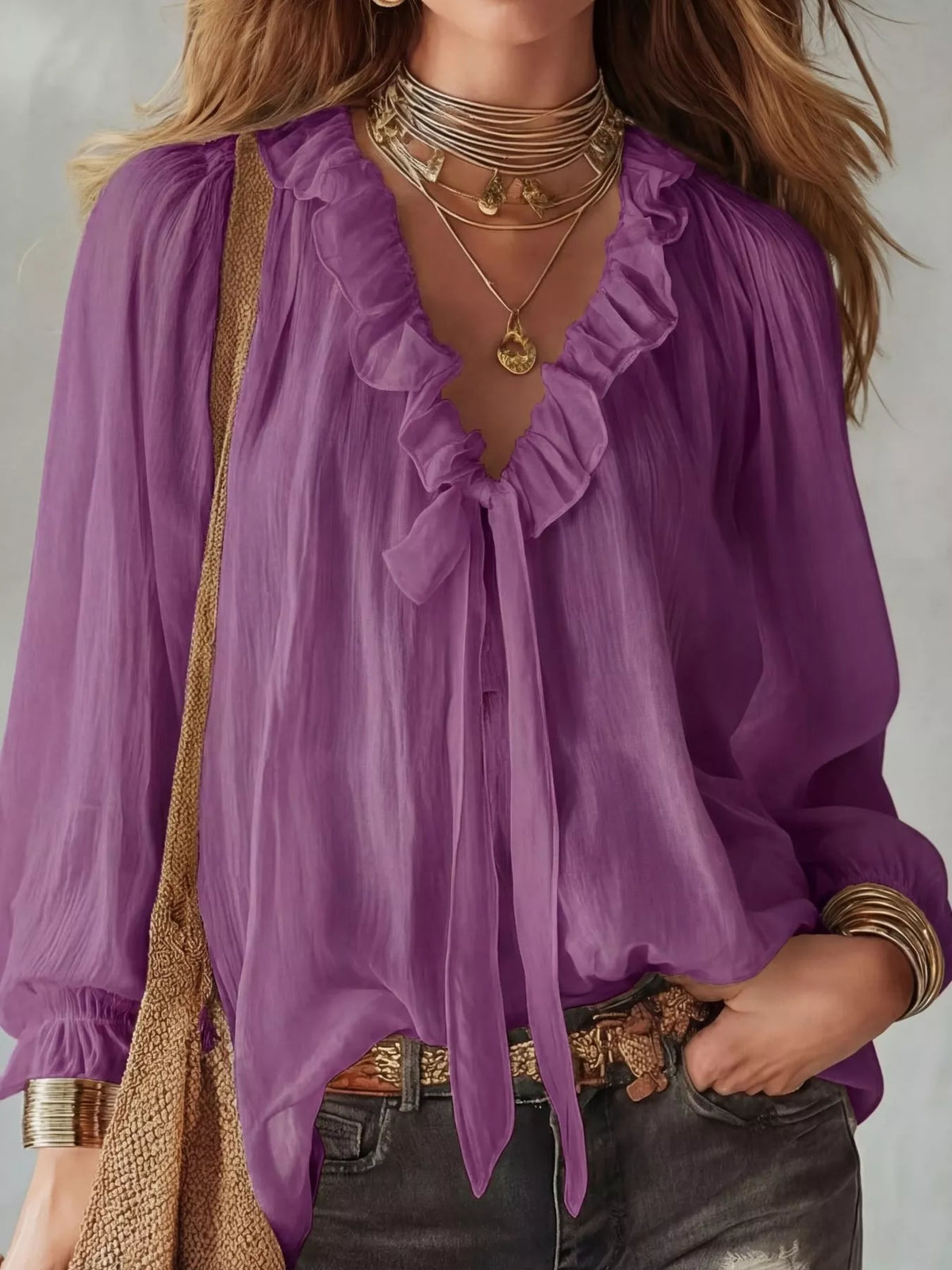 V-neck long sleeve blouse, front view on model
