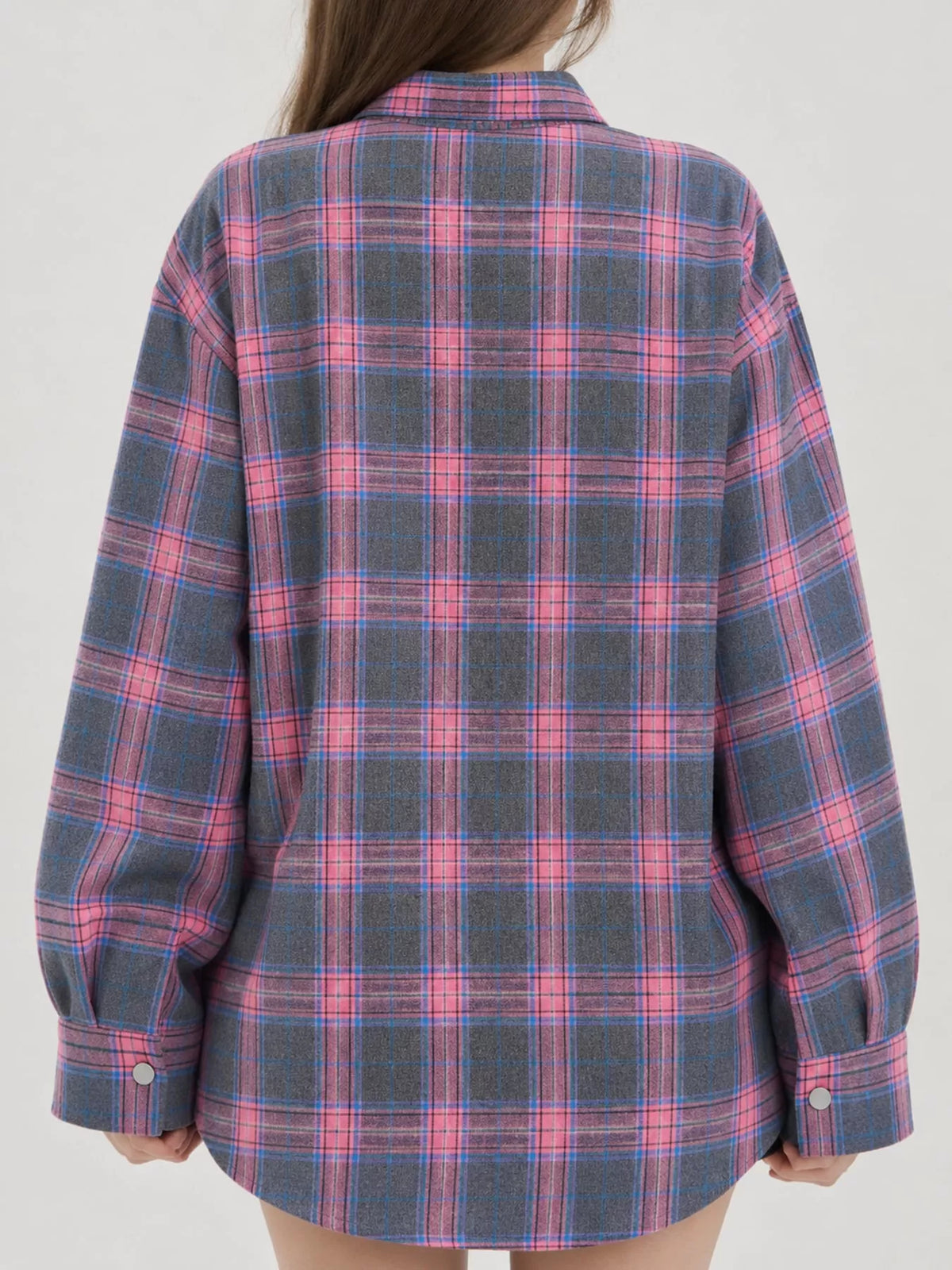 Gray and pink plaid button-down shirt, back view