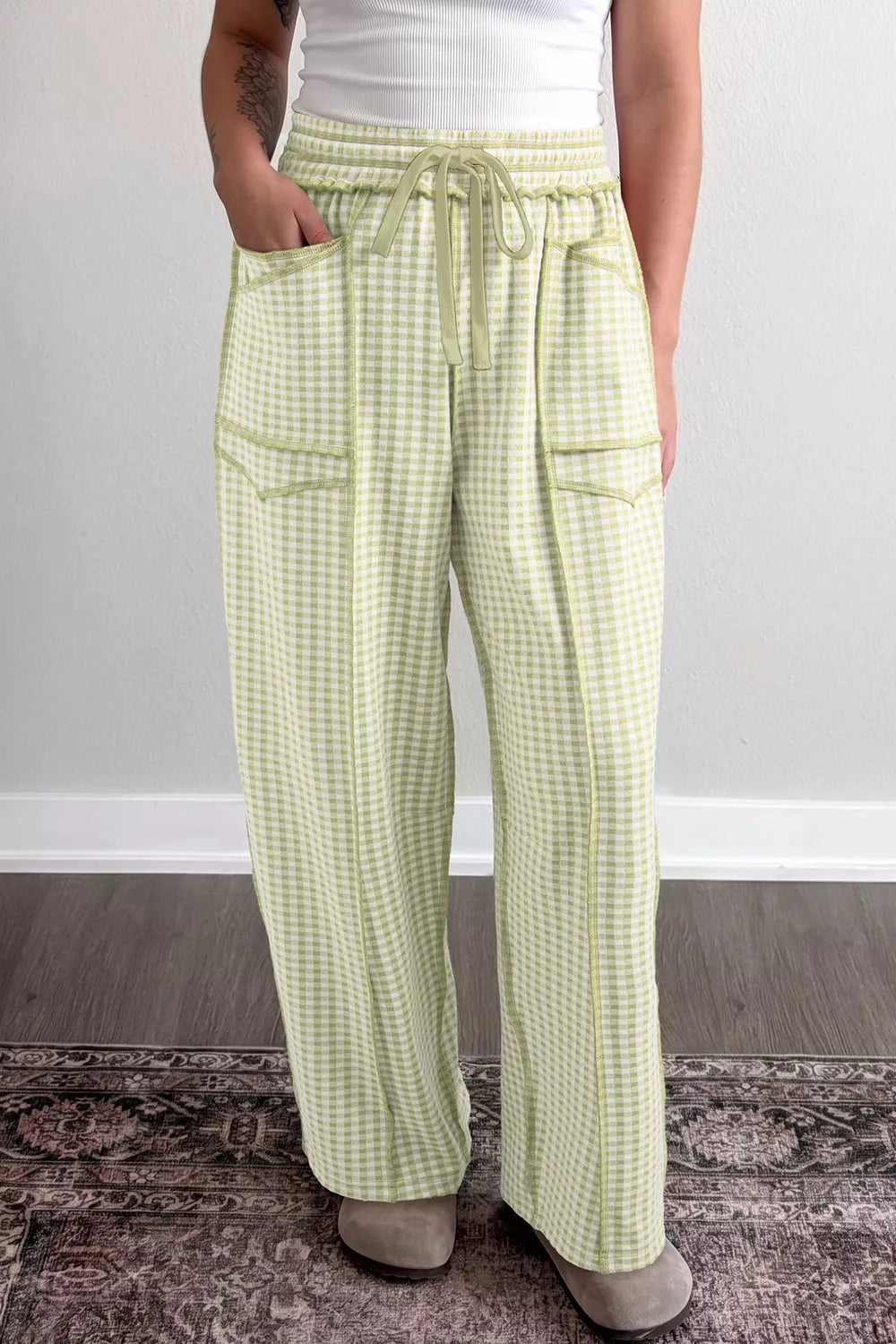 Trendsi Gingham High-Waisted Drawstring Wide-Leg Pants -