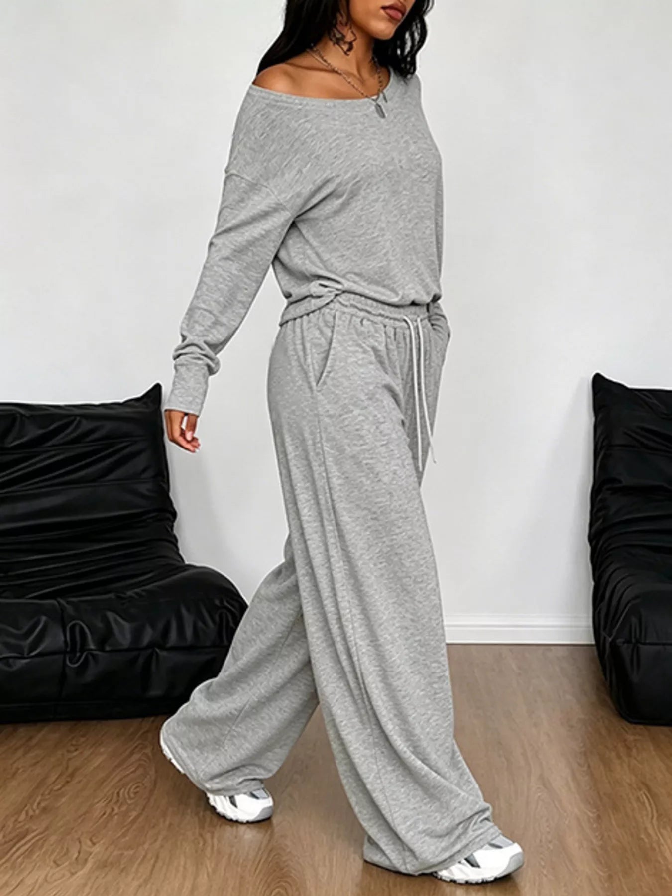 Trendsi Full Size One-Shoulder Top and Drawstring Pants Set Plus Size -