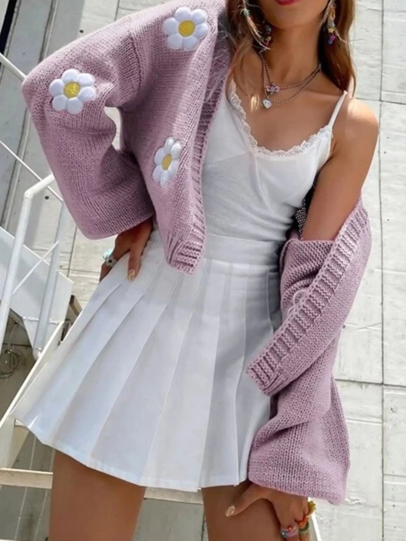 Trendsi Floral Open Front Knit Cardigan -