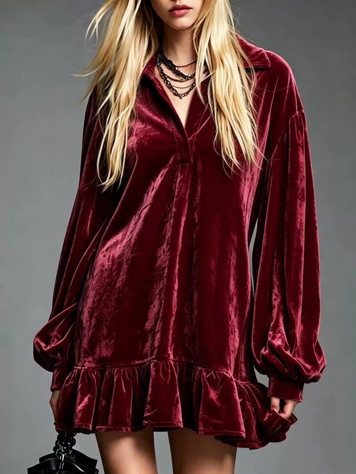 Burgundy Velvet Long Sleeve Ruffle-Hem Mini Dress front view