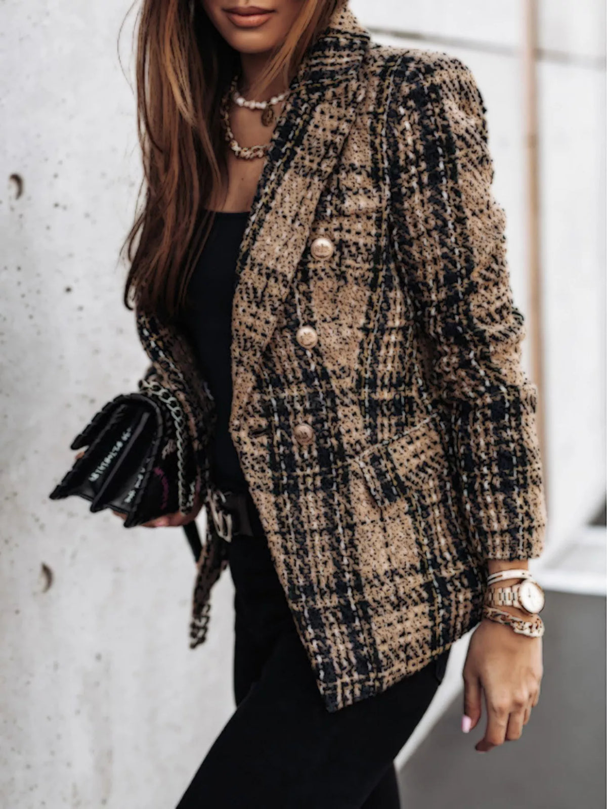 Camel plaid tweed-look double-breasted blazer