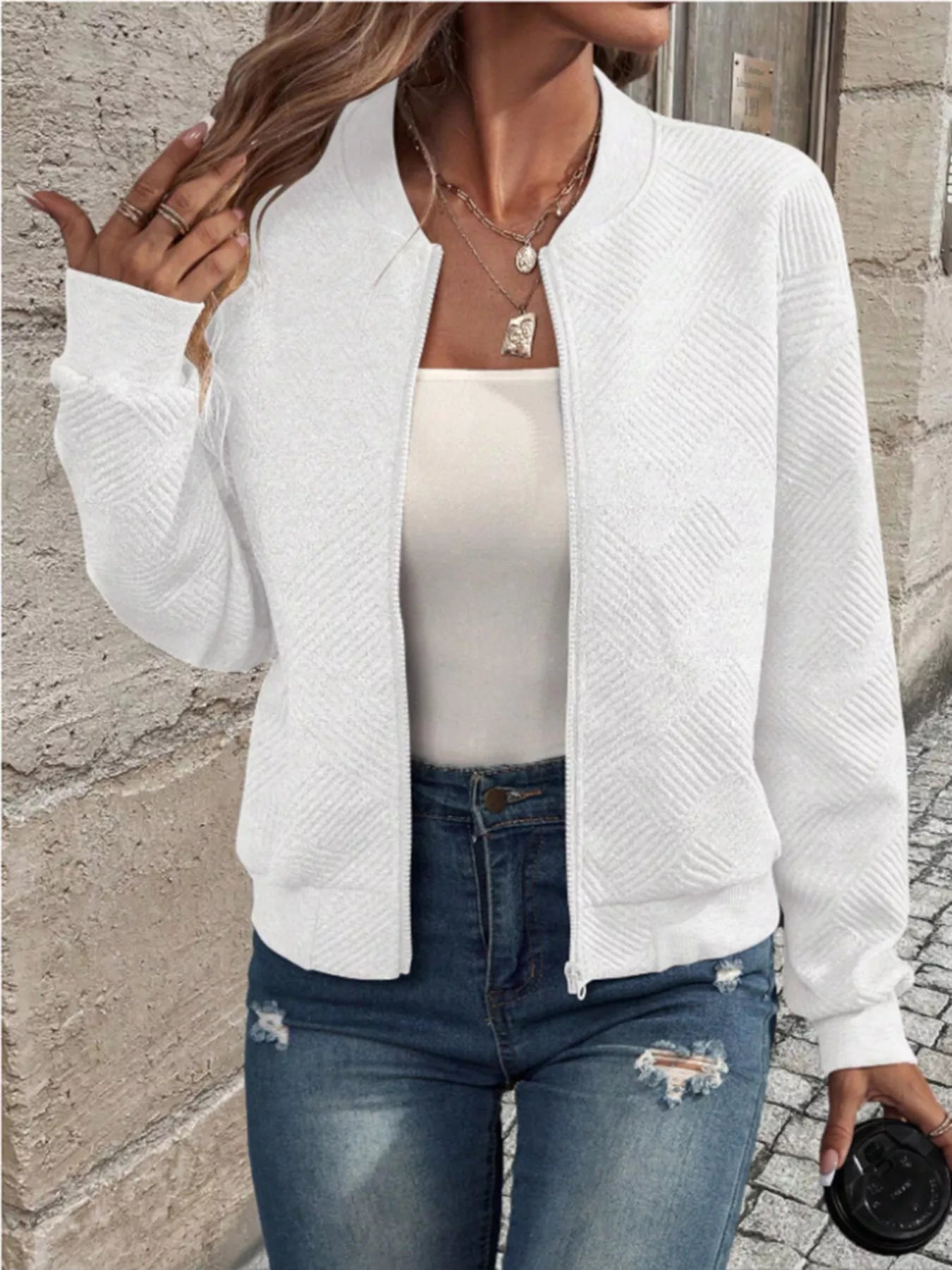 Trendsi Textured Knit Zip-Up Bomber Jacket -