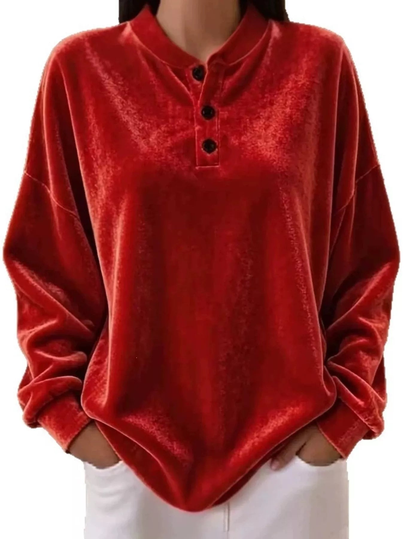 Trendsi Velvet Henley Top with Button Detail - Shirts