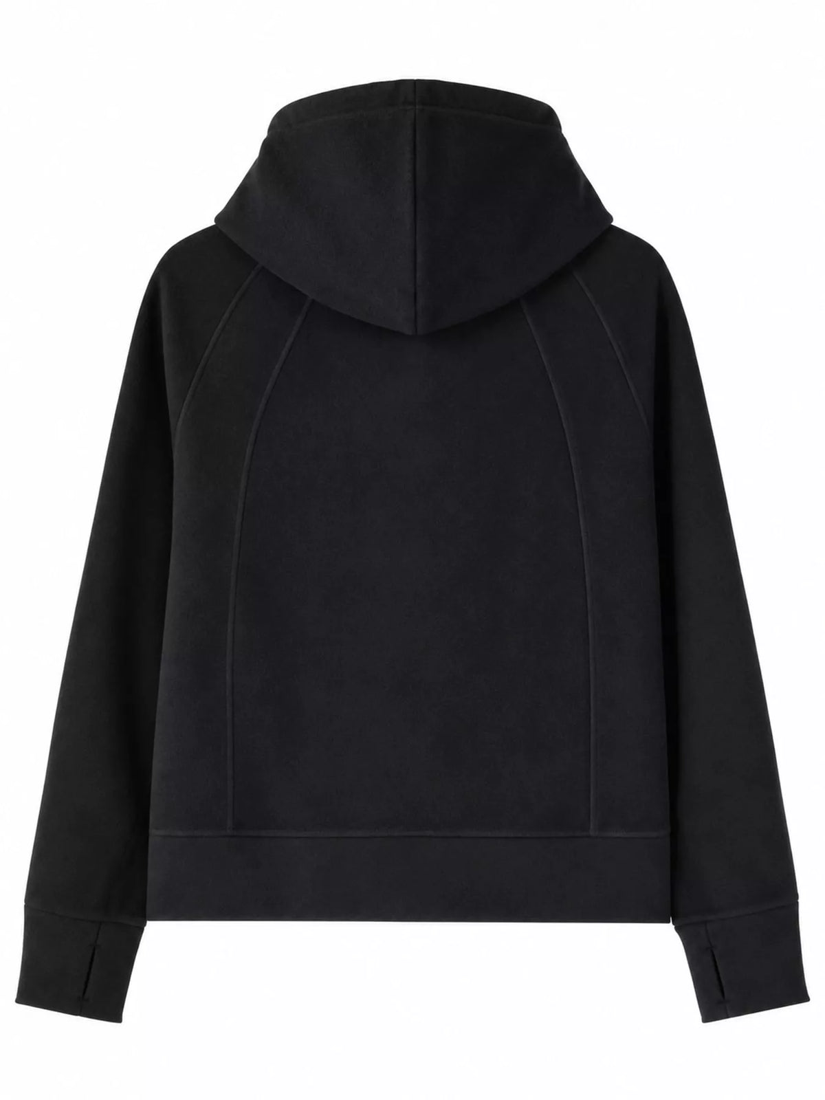 Black full-zip long sleeve hoodie with pockets, back view