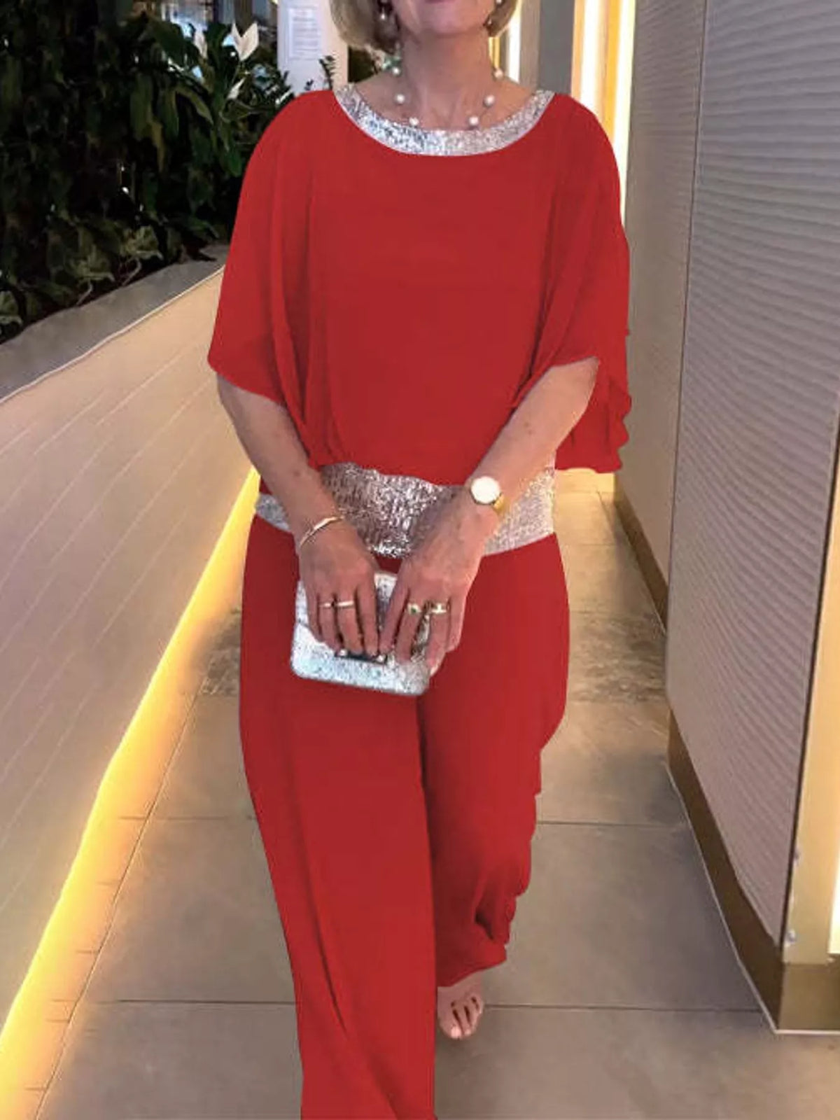 Chiffon Top and Wide-Leg Pants Set — front view