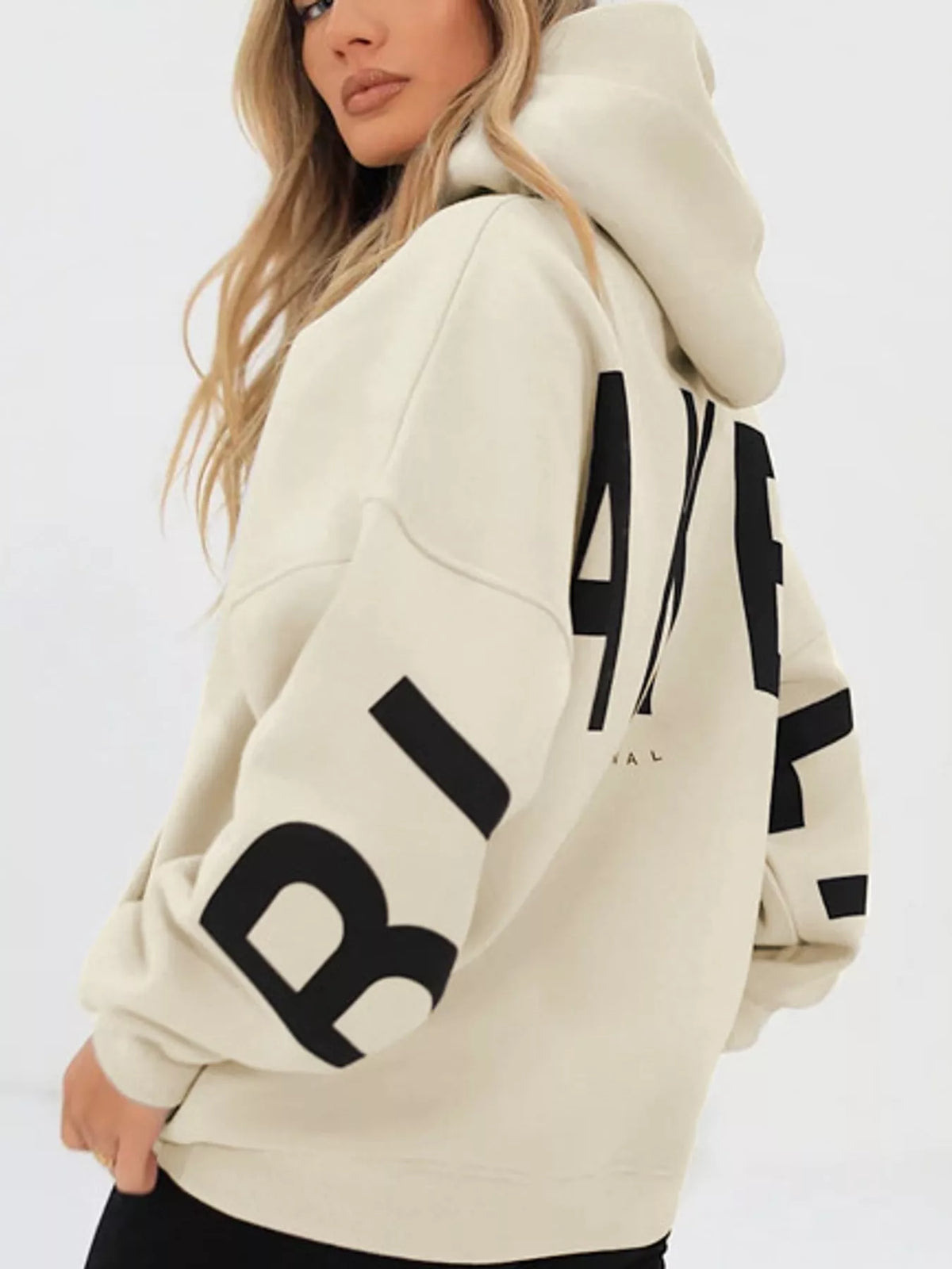 Letter Back Dropped Shoulder Hoodie — back view