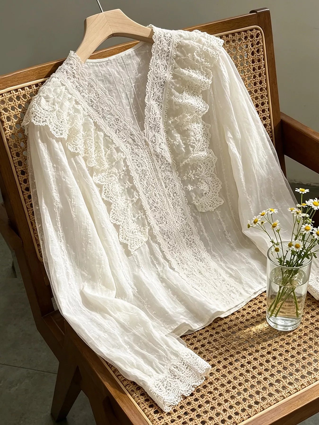Trendsi V-Neck Lace Ruffle Sheer Blouse -