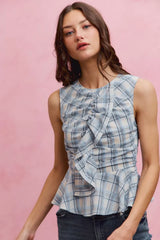 Trendsi SO ME Plaid Sleeveless Ruffle Peplum Top -