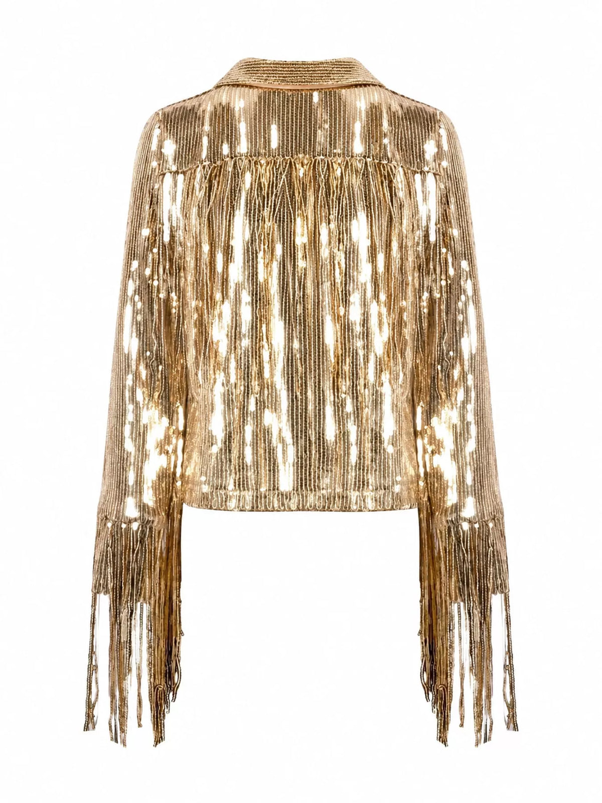 Gold Sequin Fringe Statement Jacket — garment back