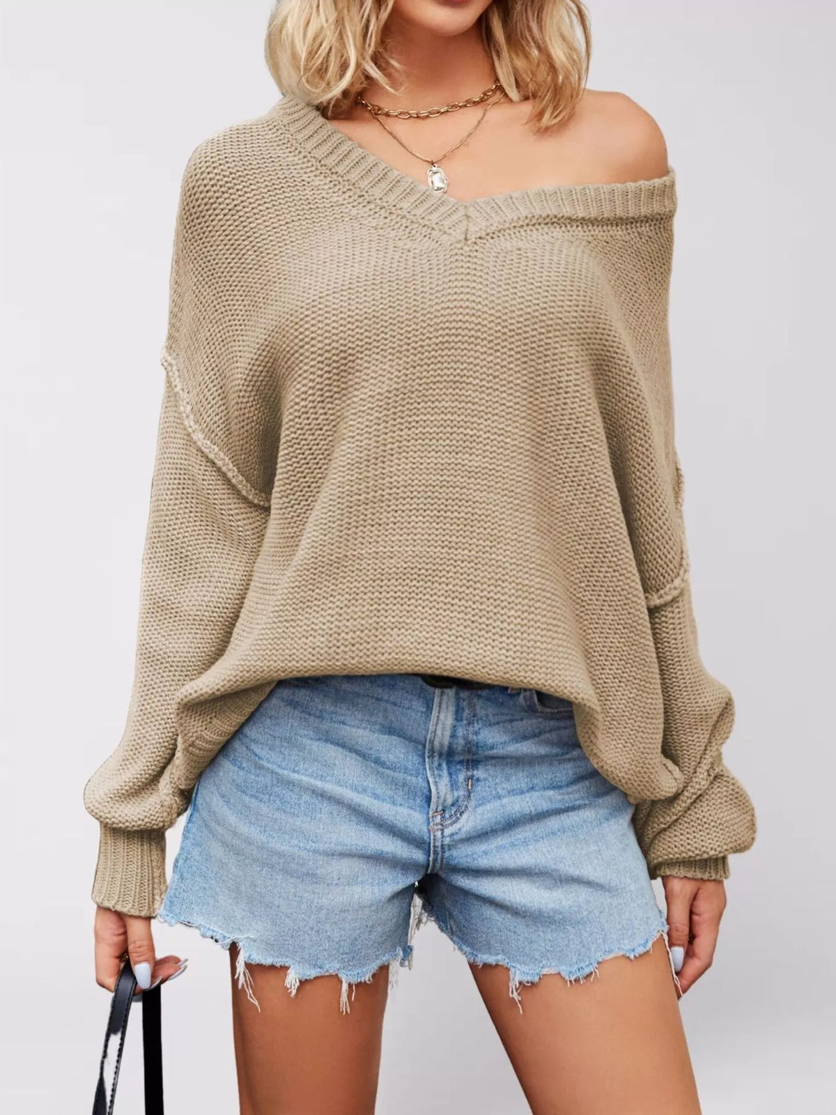 Trendsi V-Neck Loose Knit Drop Shoulder Sweater -