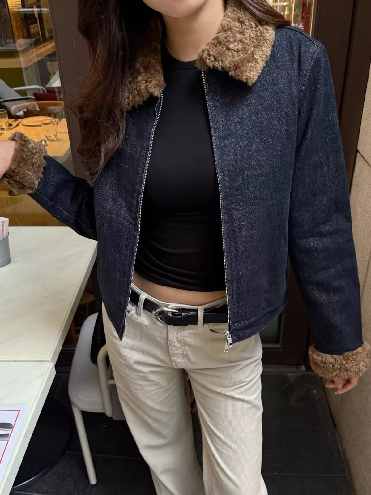 Sherpa Collar Zip-Up Denim Jacket — front view