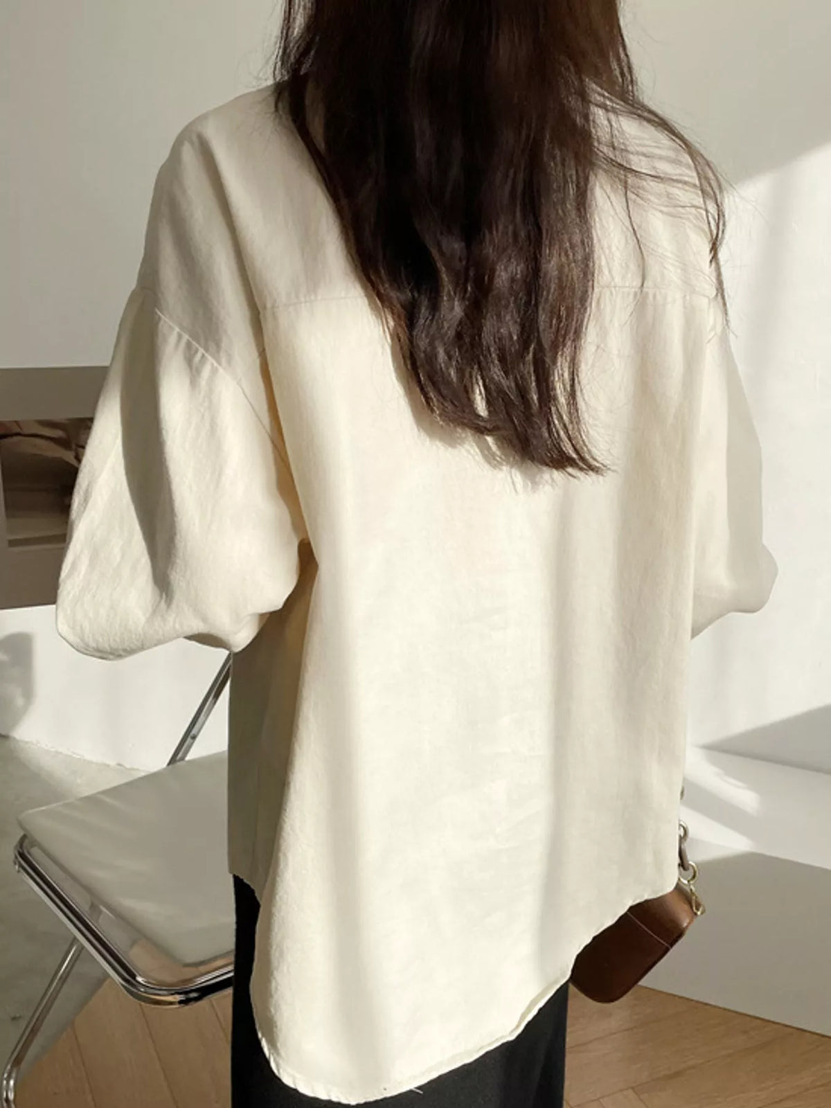 Apricot Beige oversized button-down long sleeve shirt, back view