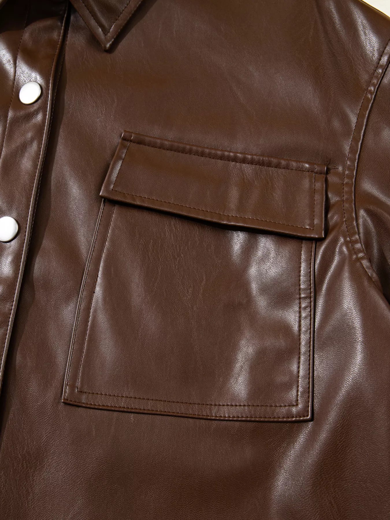 Trendsi Double Flap Pocket Drawstring Hem Leather Jacket -