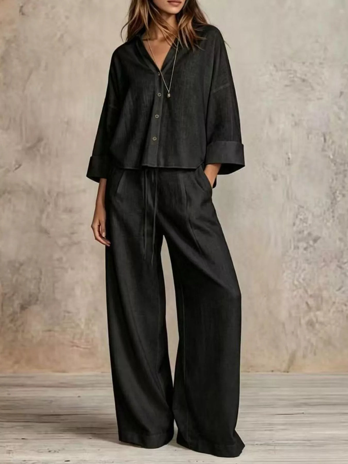Shirt and pants set, black set front