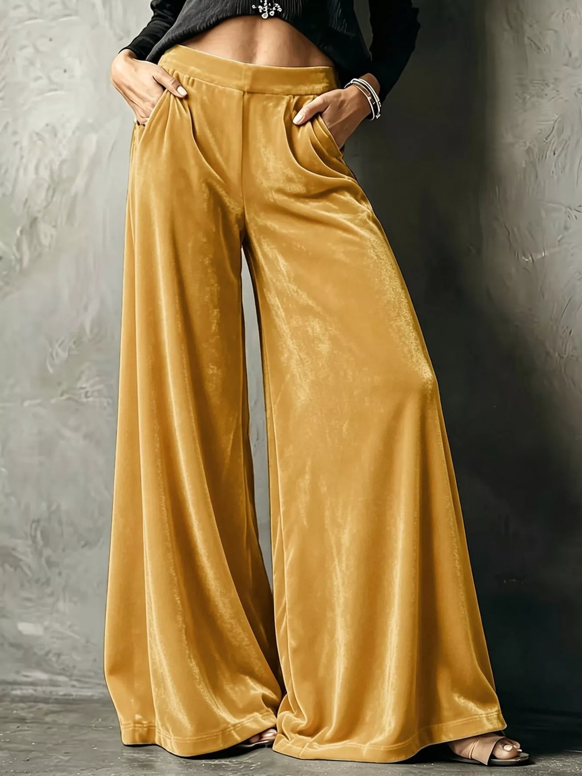 Gold wide-leg velvet pants, front view