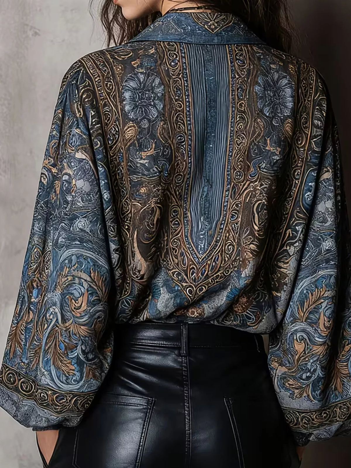 Navy printed blouse, back view