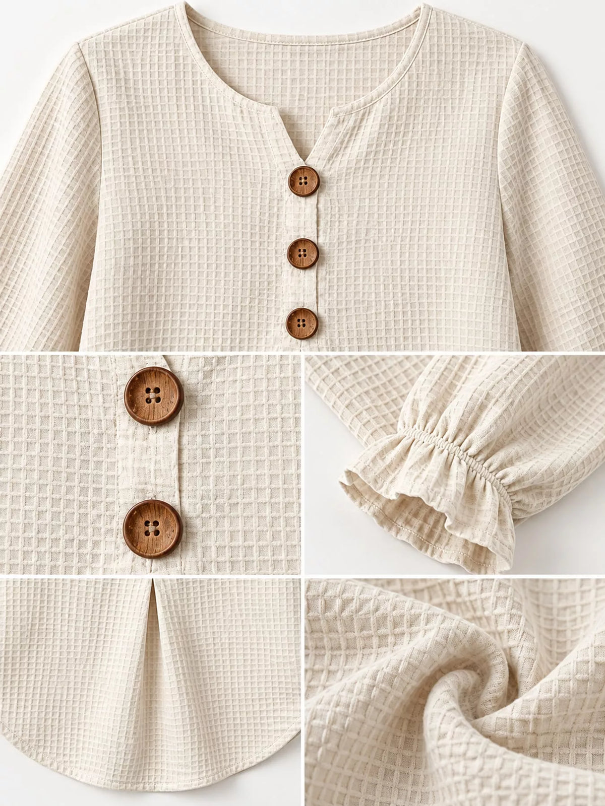 Women's Waffle Knit Flounce Sleeve Blouse in cream — detail collage view